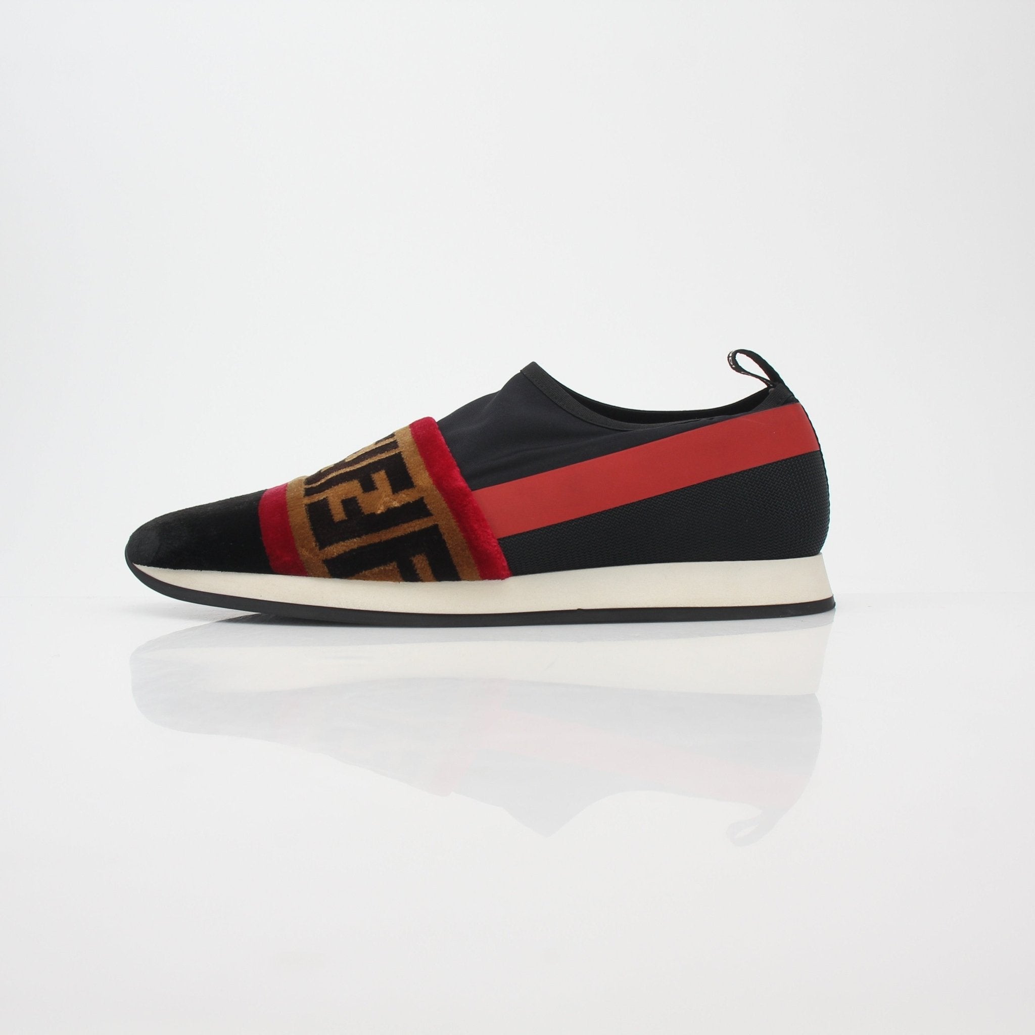 Fendi black and red Zucca FF logo slip-on sneakers with sleek design and signature pattern, displayed on a plain background.