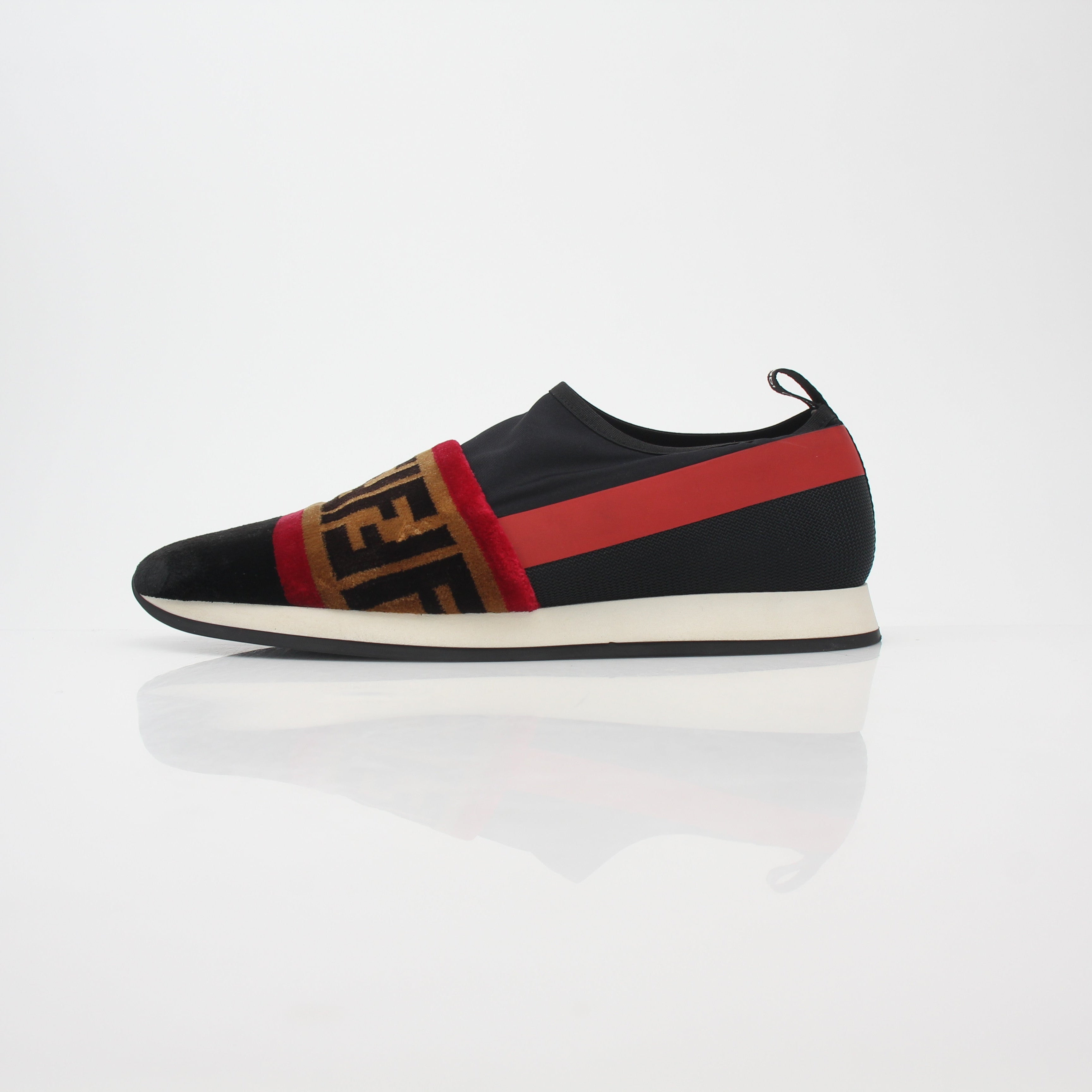 Fendi Black and Red Zucca FF Logo Slip-On Sneakers