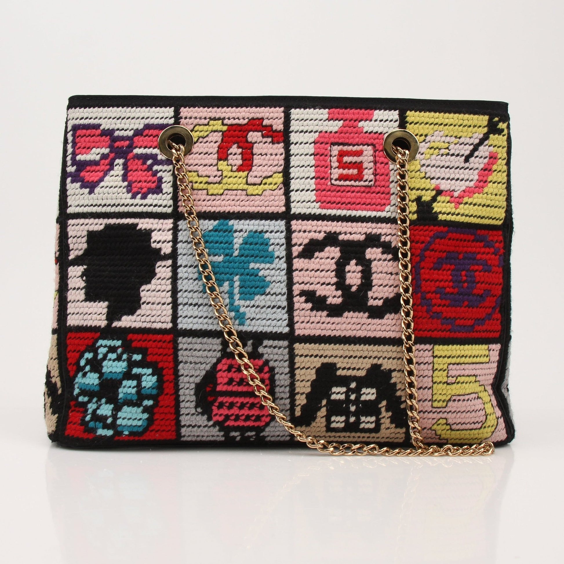 Gold & Beyond Chanel Precious Symbols multicolor embroidery tote bag with detailed handbag design and vibrant pattern.