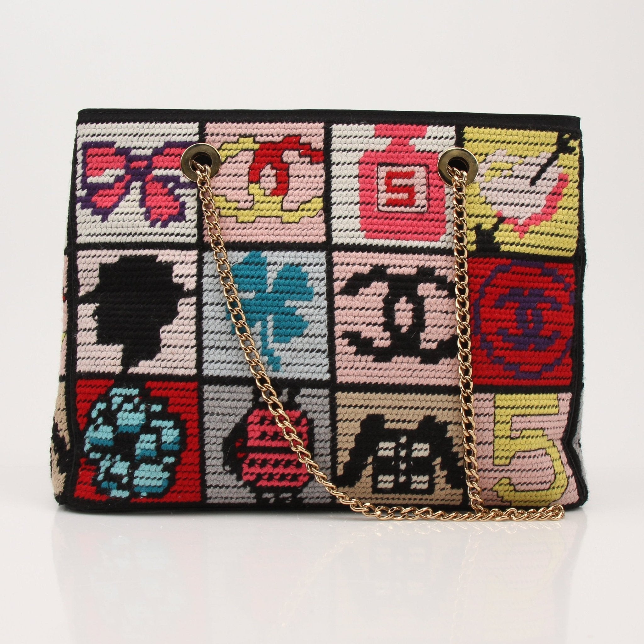 Gold & Beyond Chanel Precious Symbols multicolor embroidery tote bag with detailed handbag design and vibrant pattern.