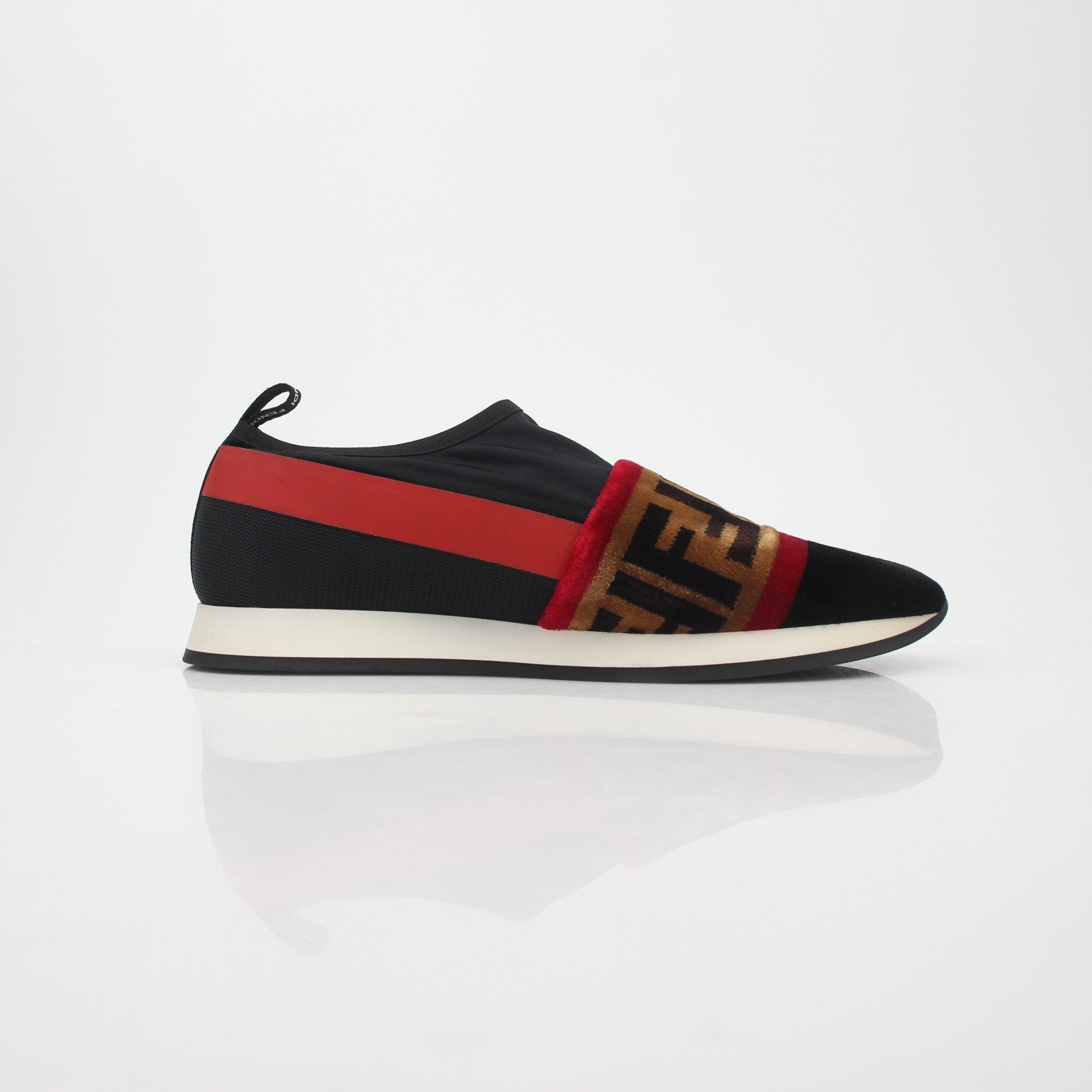 Fendi black and red Zucca FF logo slip-on sneakers with stylish design and comfortable fit, by Gold & Beyond.