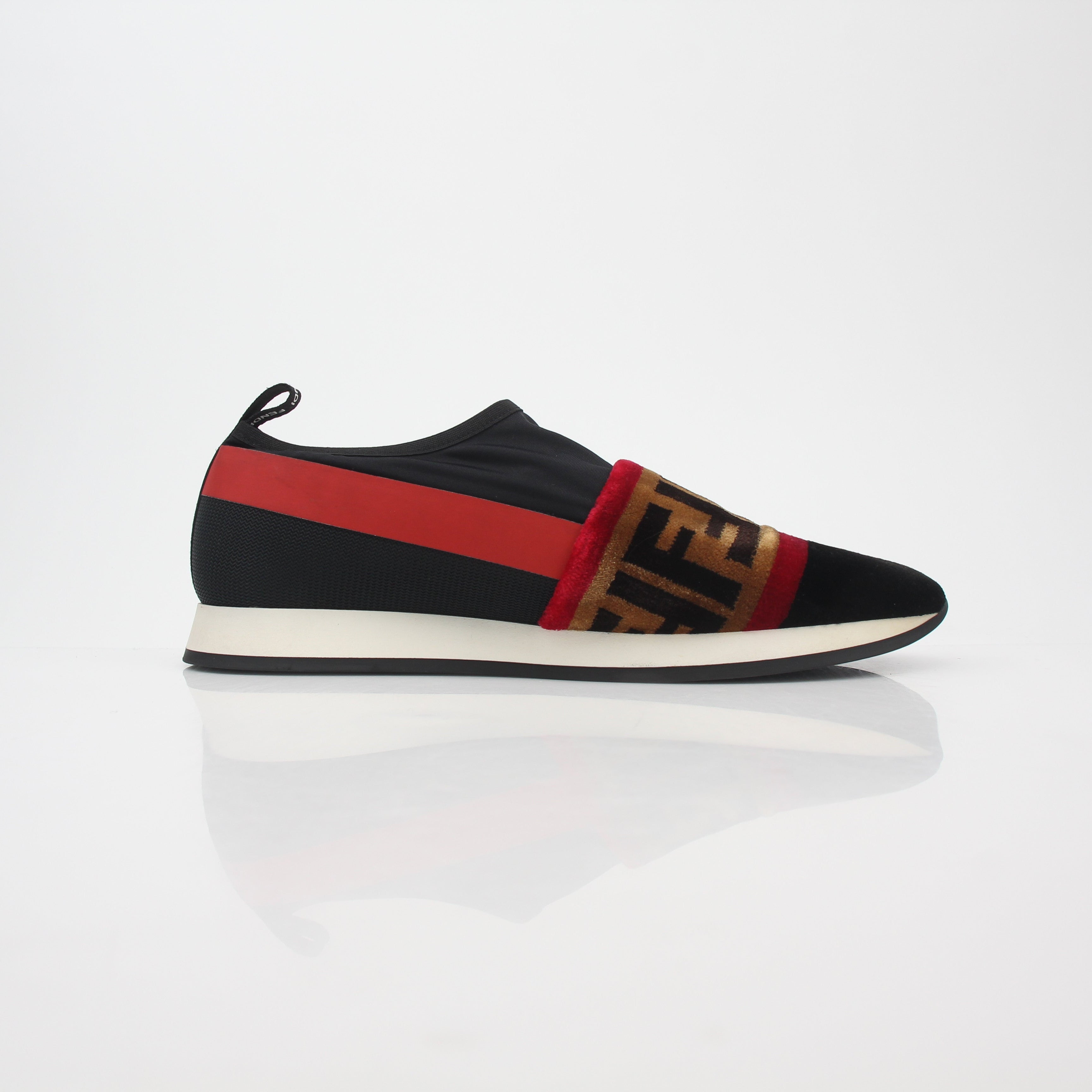 Fendi Black and Red Zucca FF Logo Slip-On Sneakers