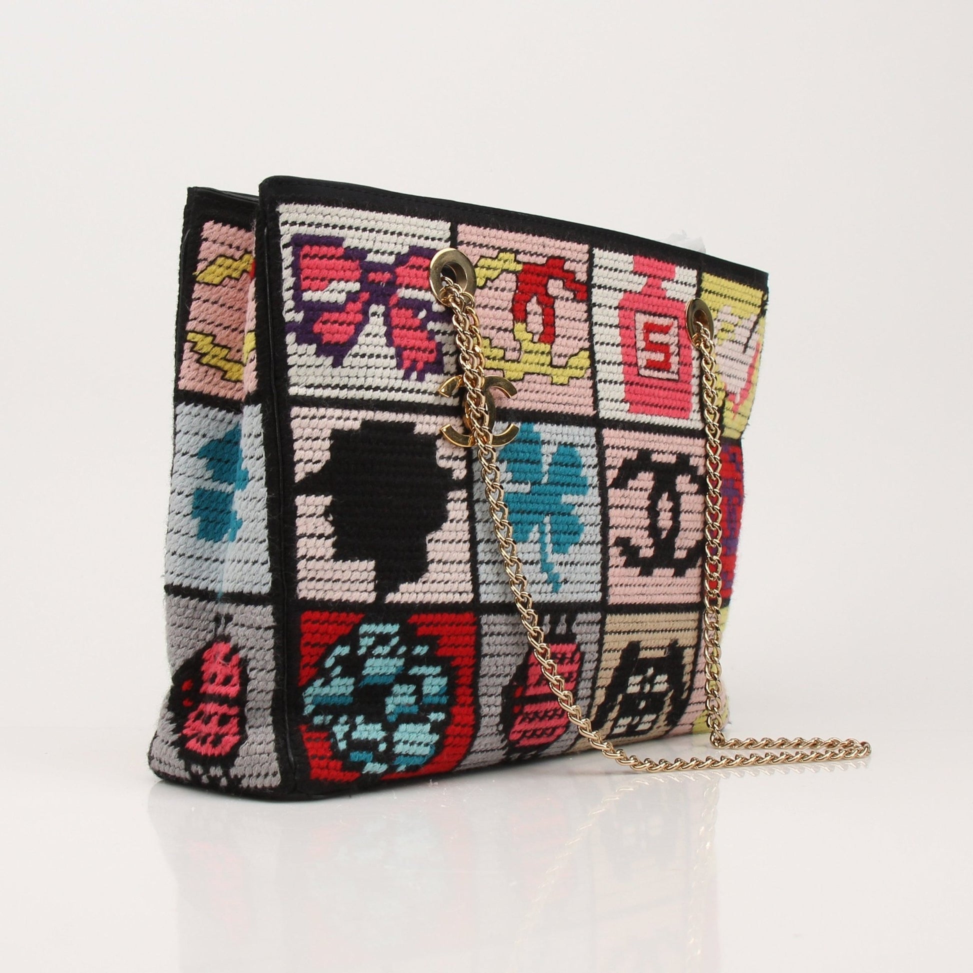 Gold & Beyond Chanel Precious Symbols multicolor embroidery tote bag, stylish handbag with vibrant embroidered design.