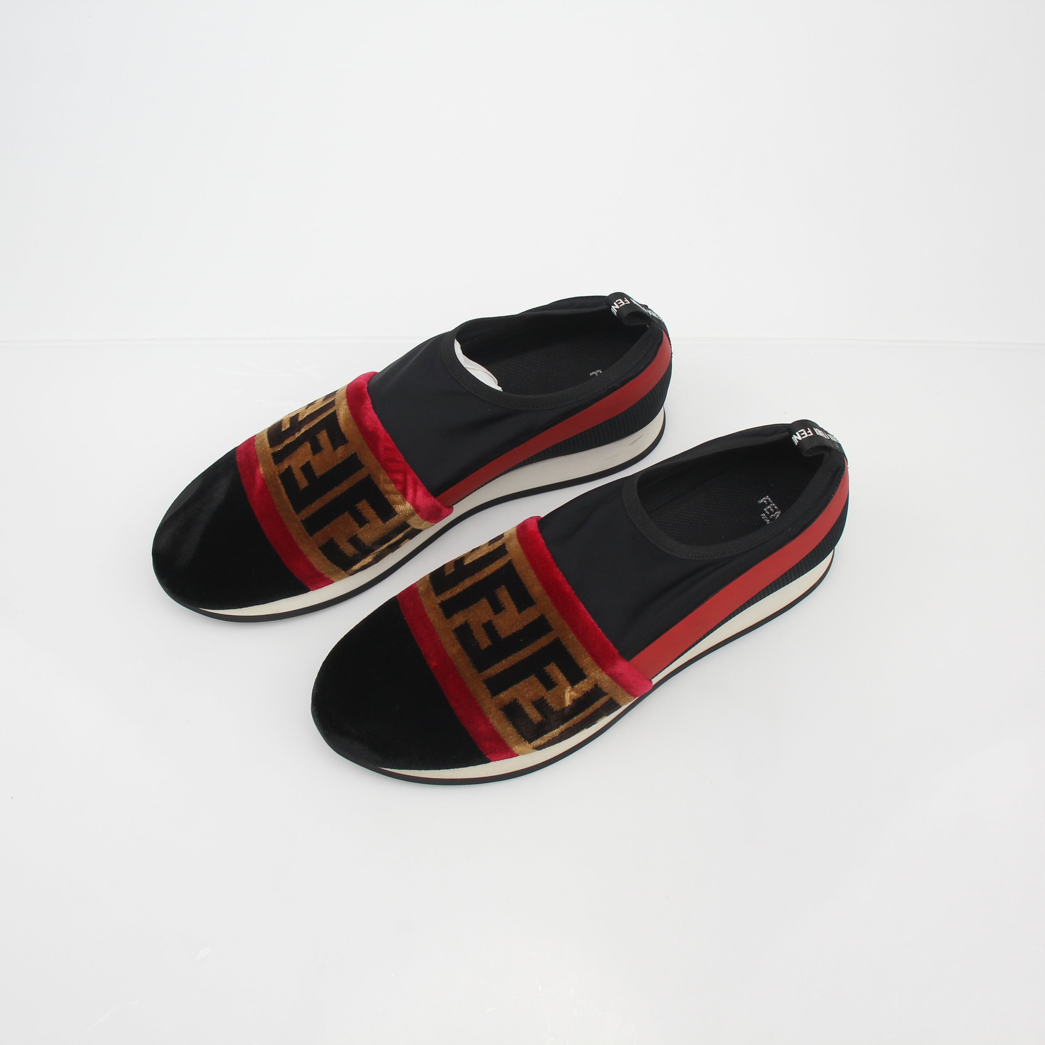 Fendi Black and Red Zucca FF Logo Slip-On Sneakers