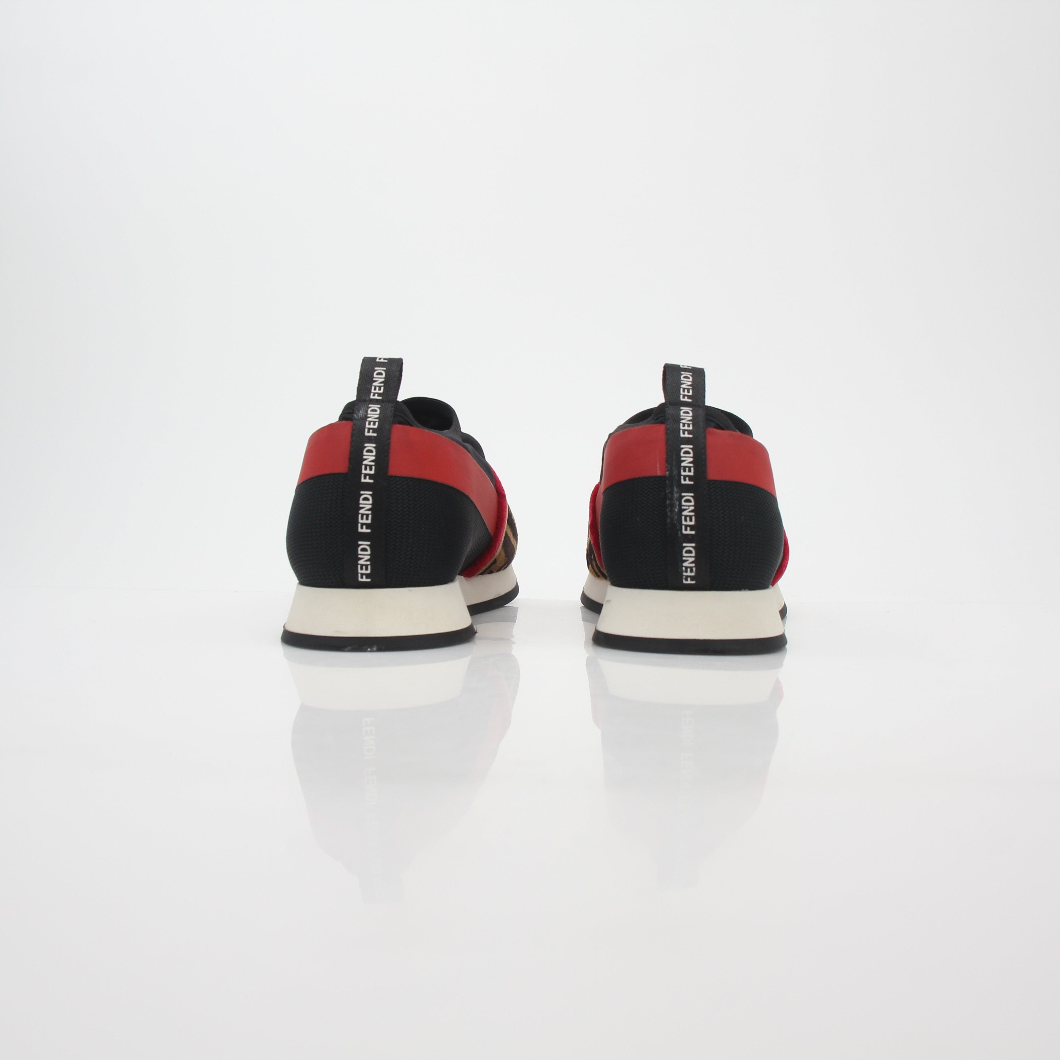 Fendi Black and Red Zucca FF Logo Slip-On Sneakers