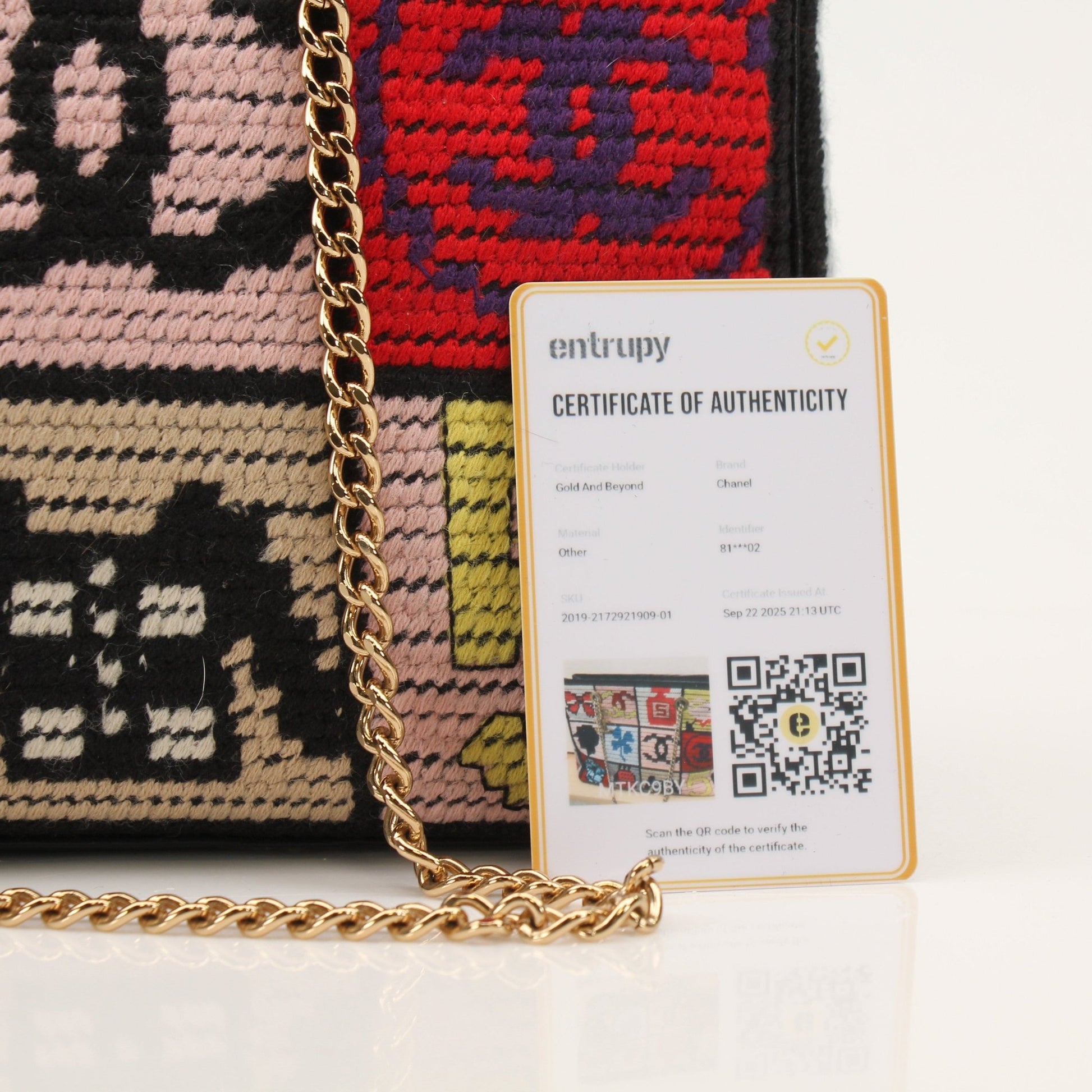 Gold & Beyond Chanel Precious Symbols multicolor embroidery tote bag, stylish handbag with intricate embroidered design.