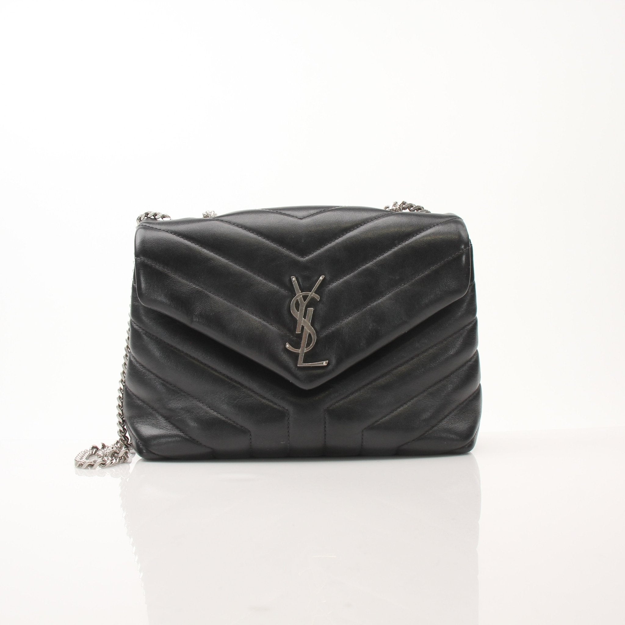 Saint Laurent LouLou medium black leather chain handbag with gold hardware and structured design.