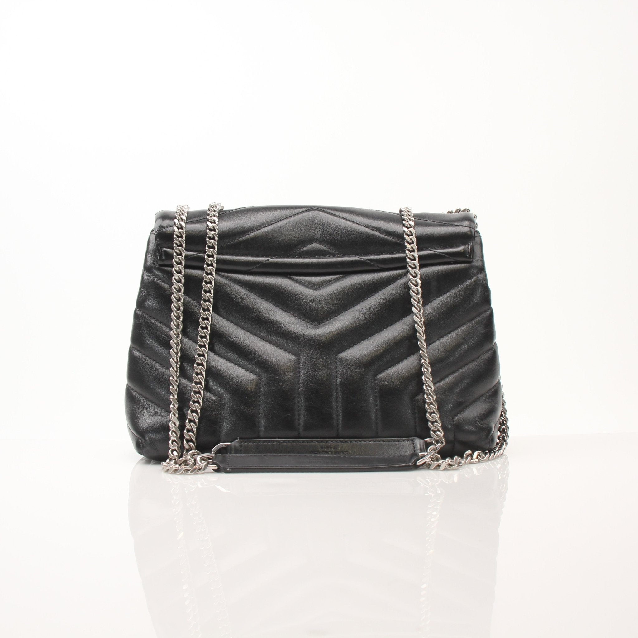 Saint Laurent LouLou medium black leather chain handbag with gold hardware and structured design.