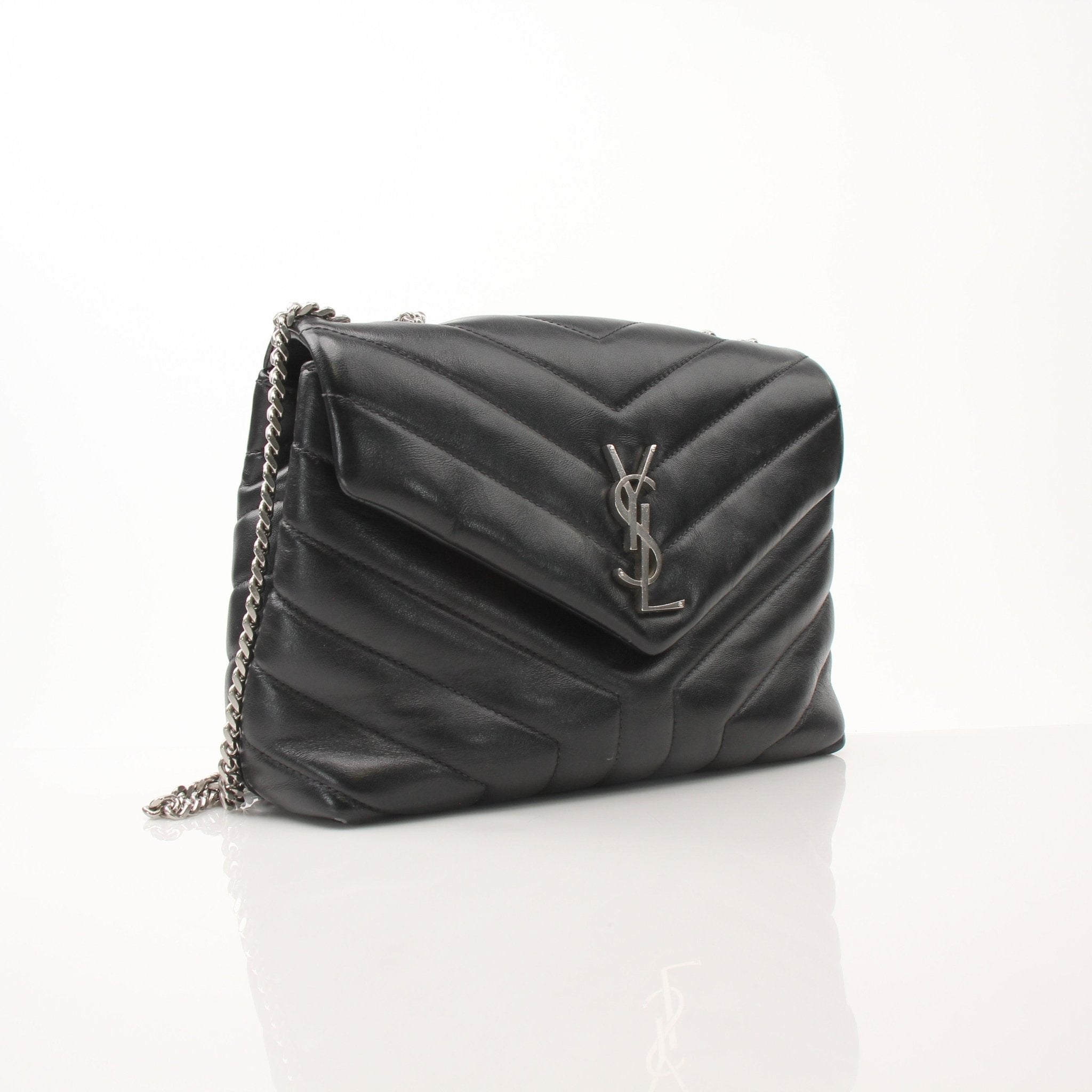 Saint Laurent LouLou medium black leather chain handbag with gold hardware and structured design, featuring a sleek, elegant look.