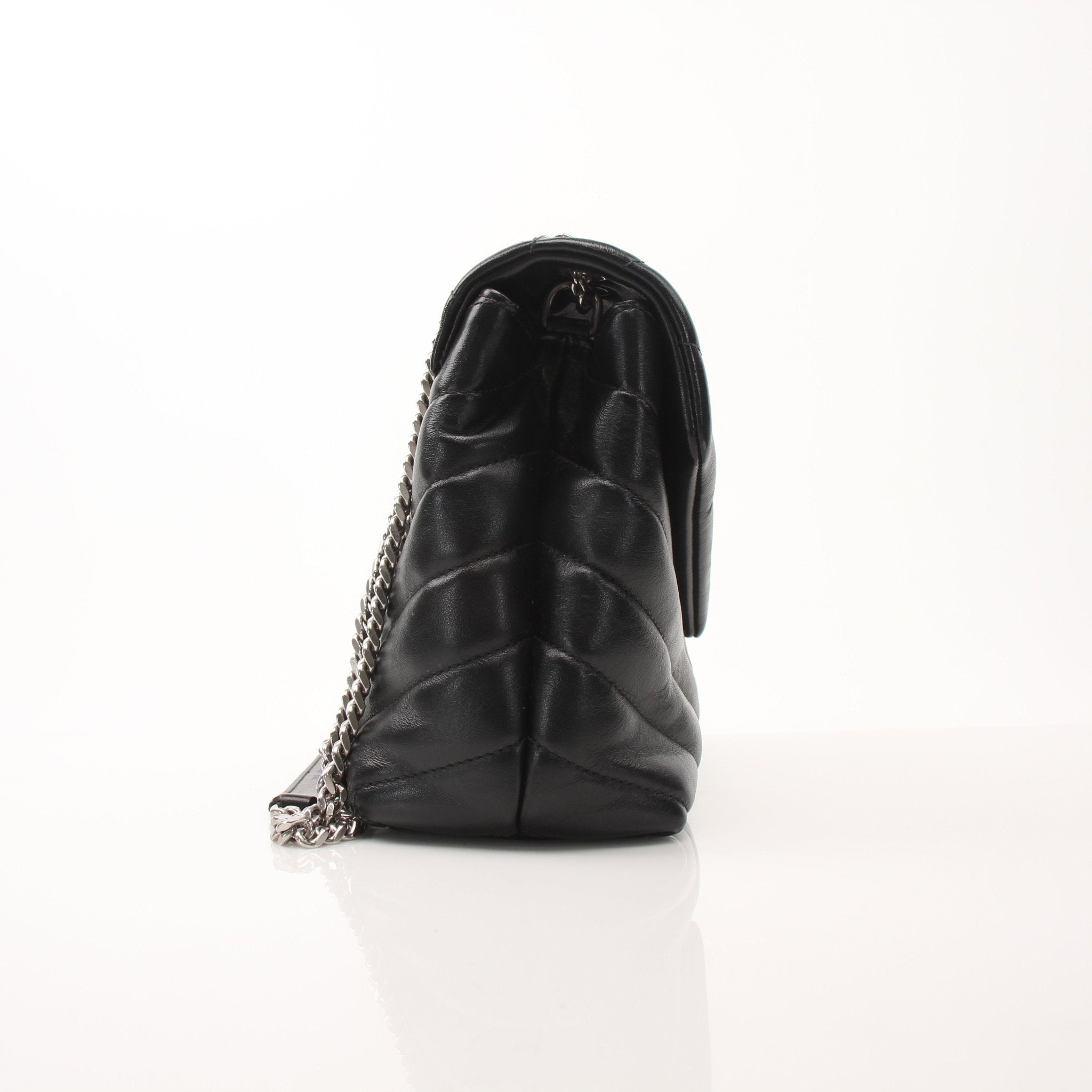 Saint Laurent LouLou medium black leather chain handbag with gold hardware, stylish and elegant for everyday or evening wear.