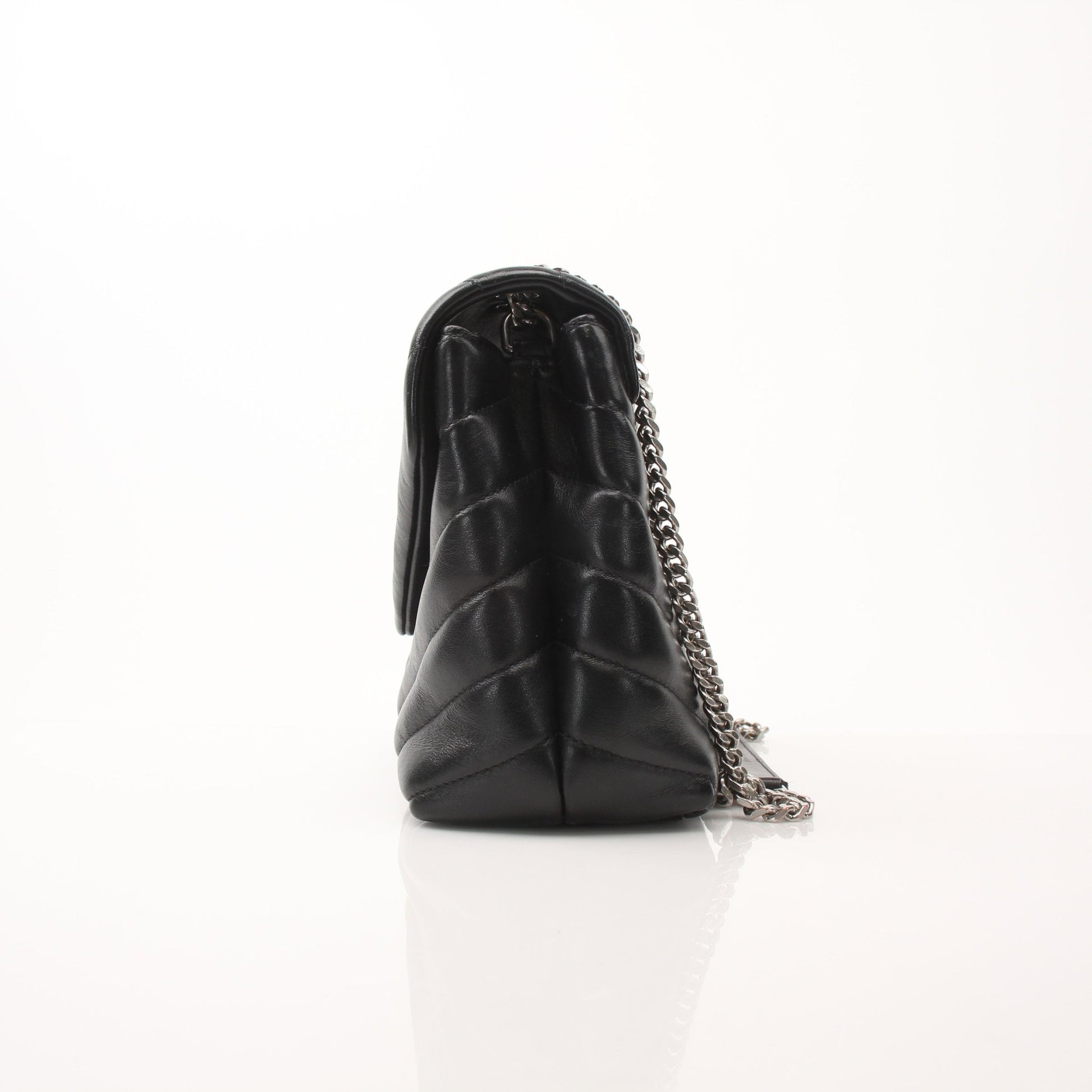 Saint Laurent LouLou medium black leather chain handbag with gold hardware and structured design.