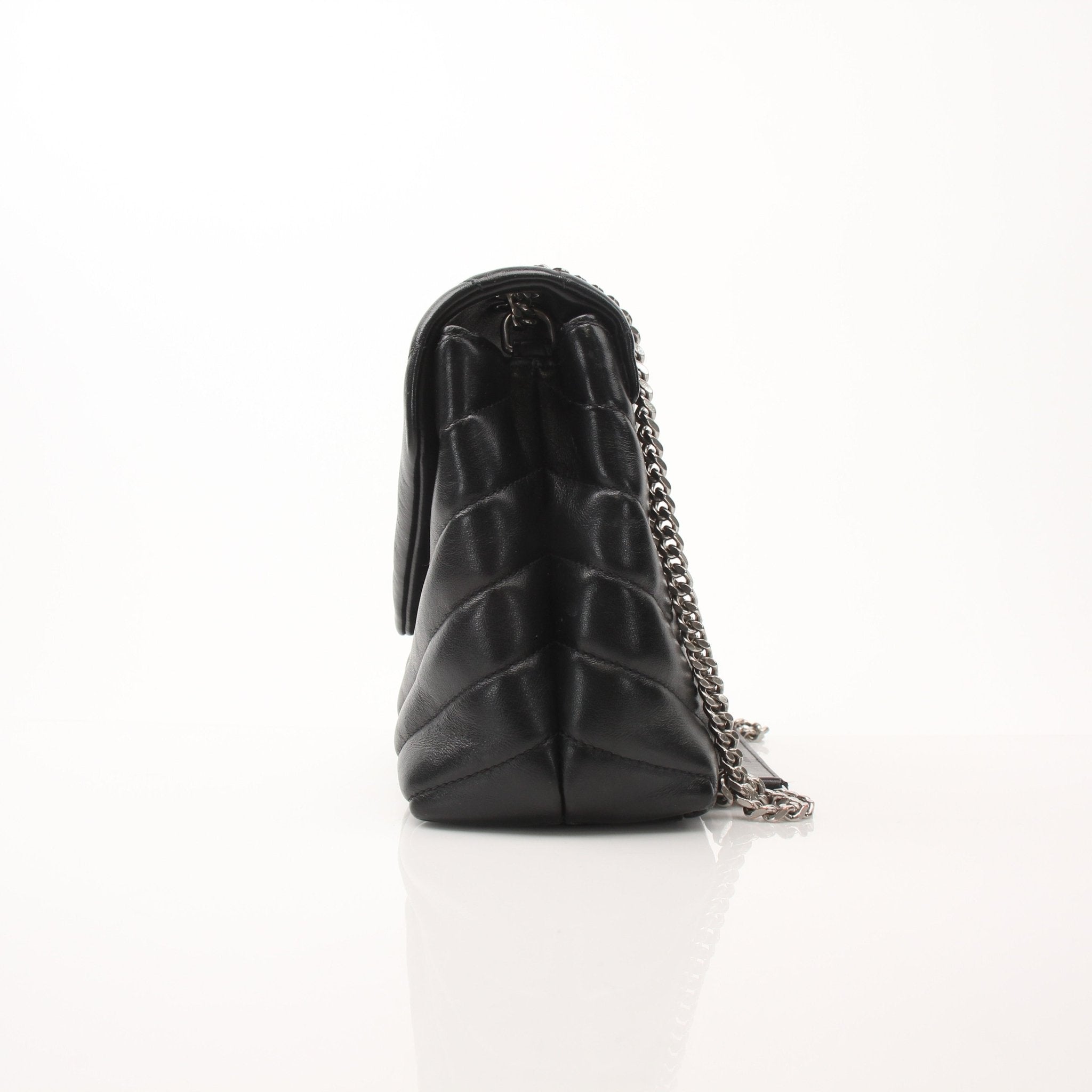 Saint Laurent LouLou medium black leather chain handbag with gold hardware and structured design.