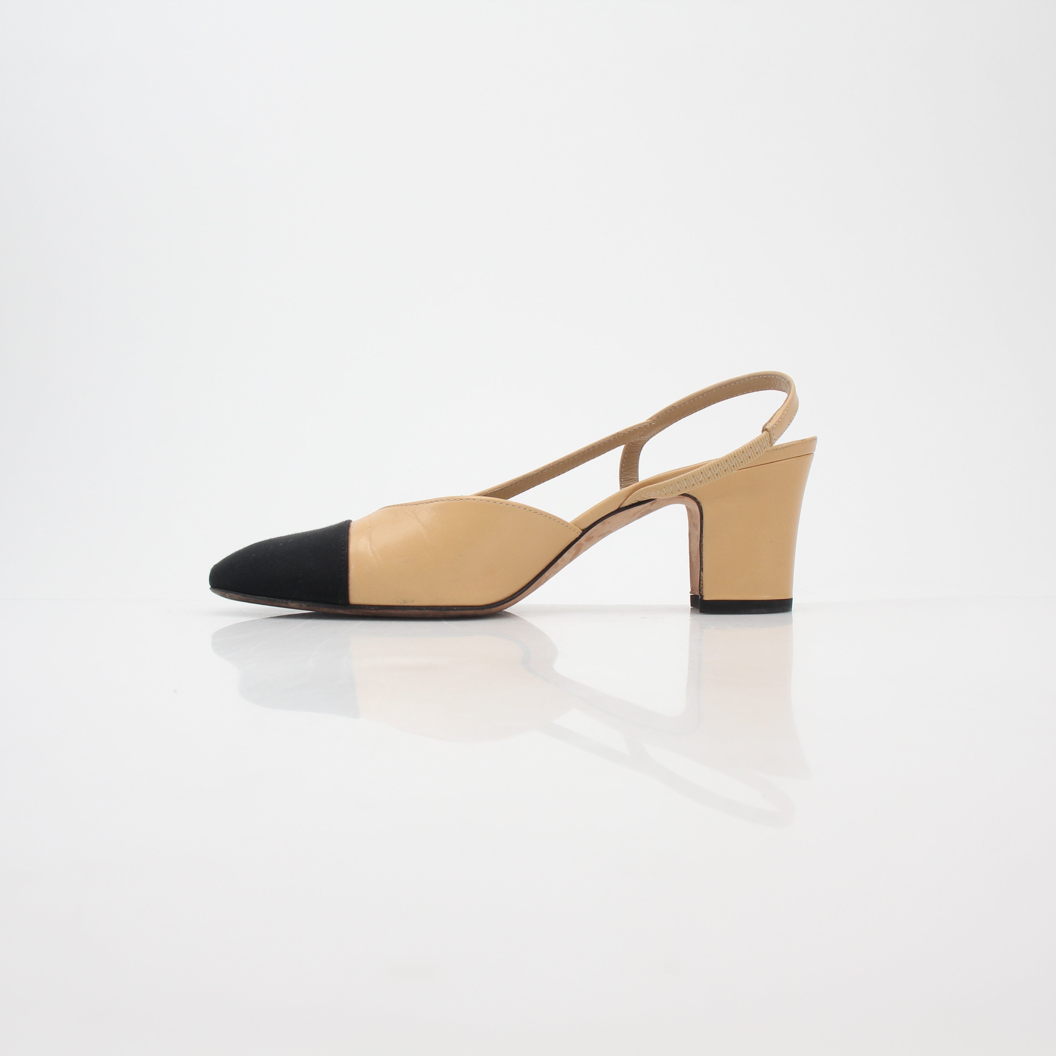 Chanel Beige and Black Cap-Toe Slingback Pumps