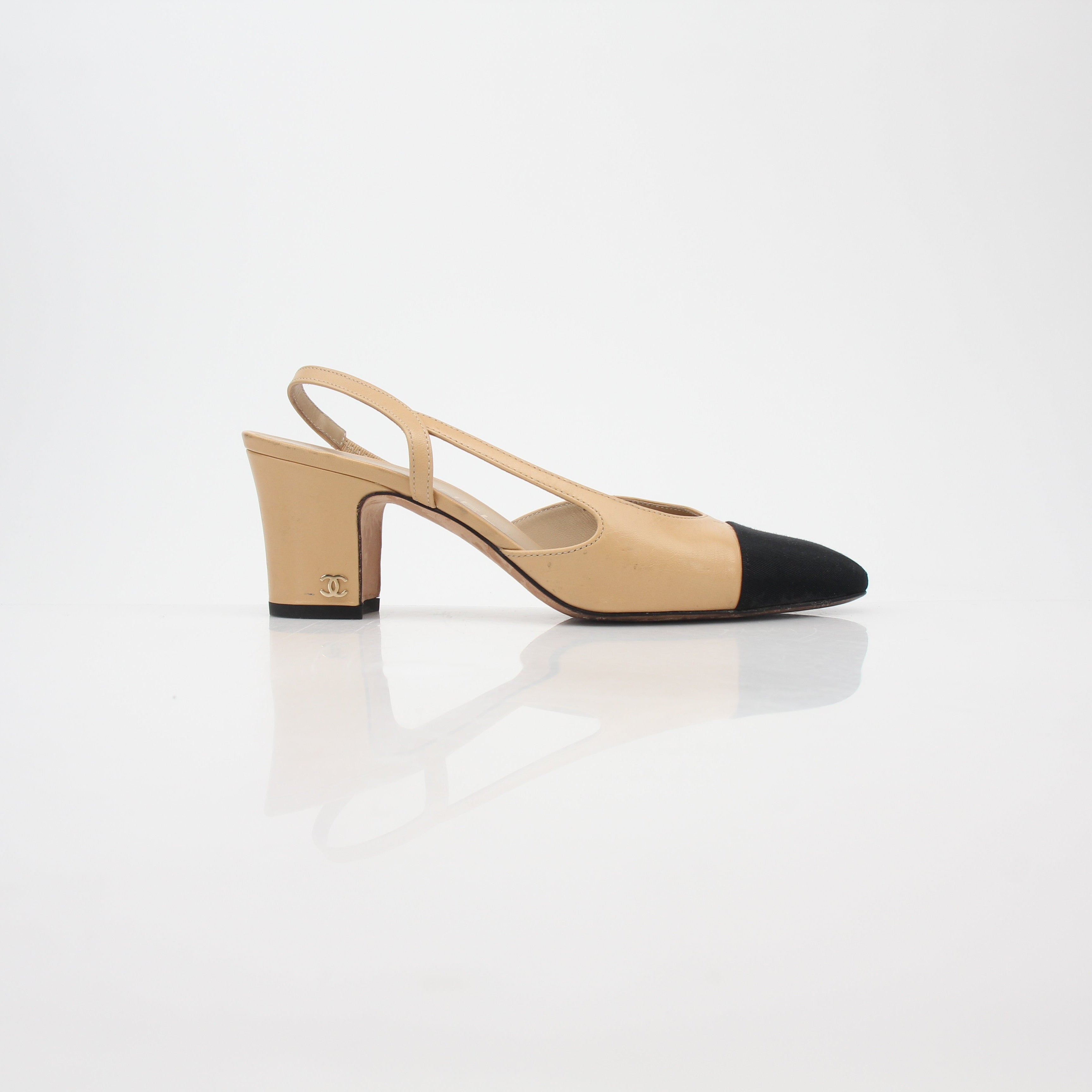 Chanel Beige and Black Cap-Toe Slingback Pumps