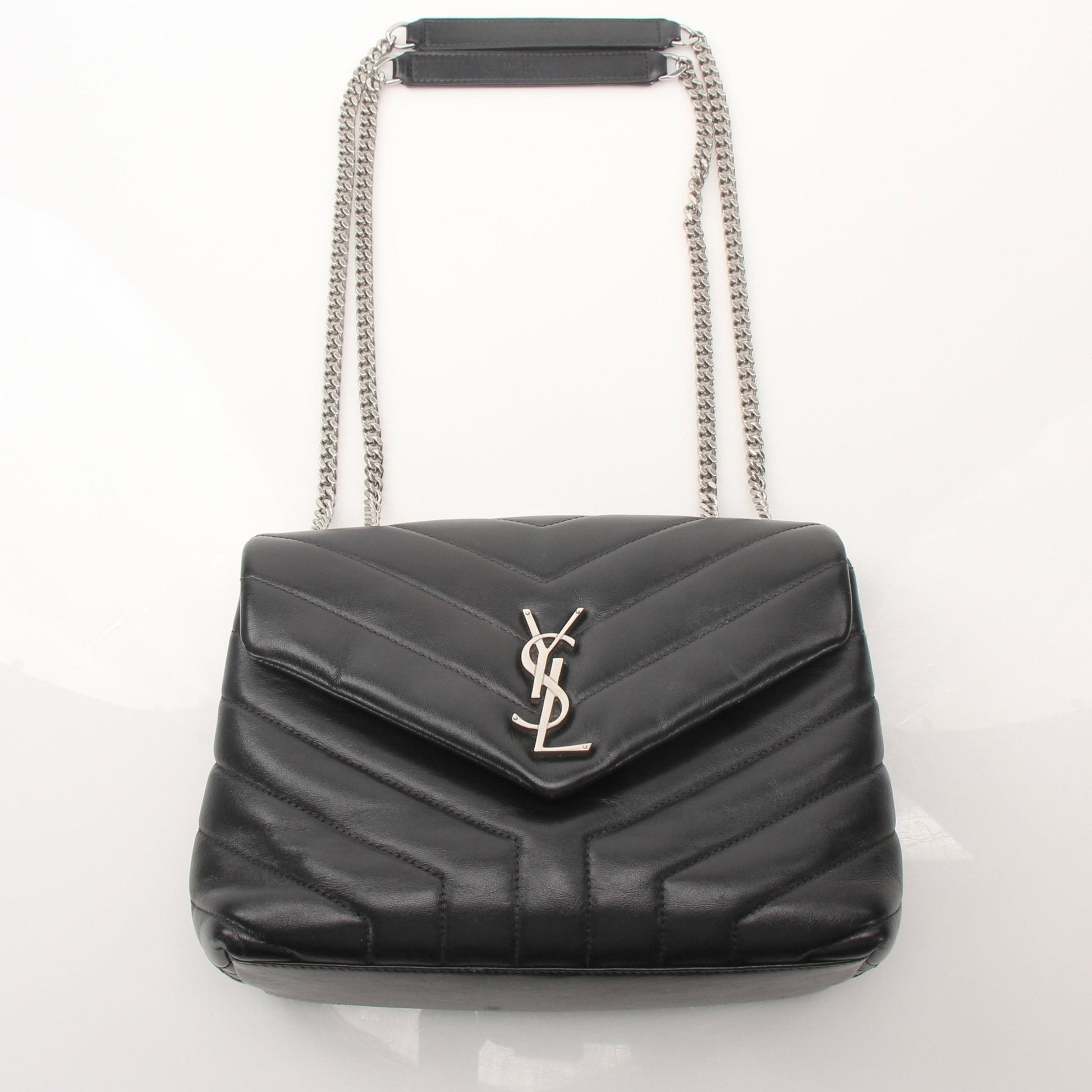 Saint Laurent LouLou medium black leather handbag with gold chain strap and logo detail, stylish and elegant accessory.