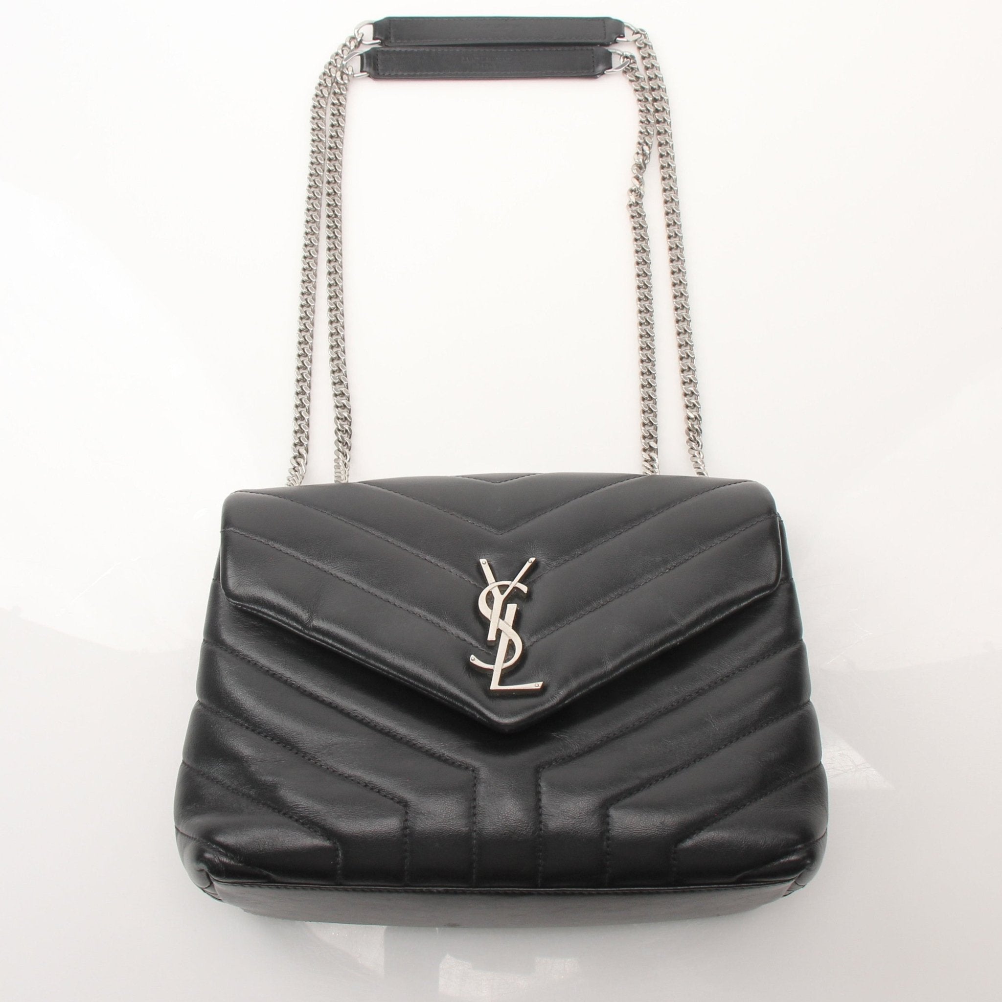 Saint Laurent LouLou medium black leather handbag with gold chain strap and logo detail, stylish and elegant accessory.