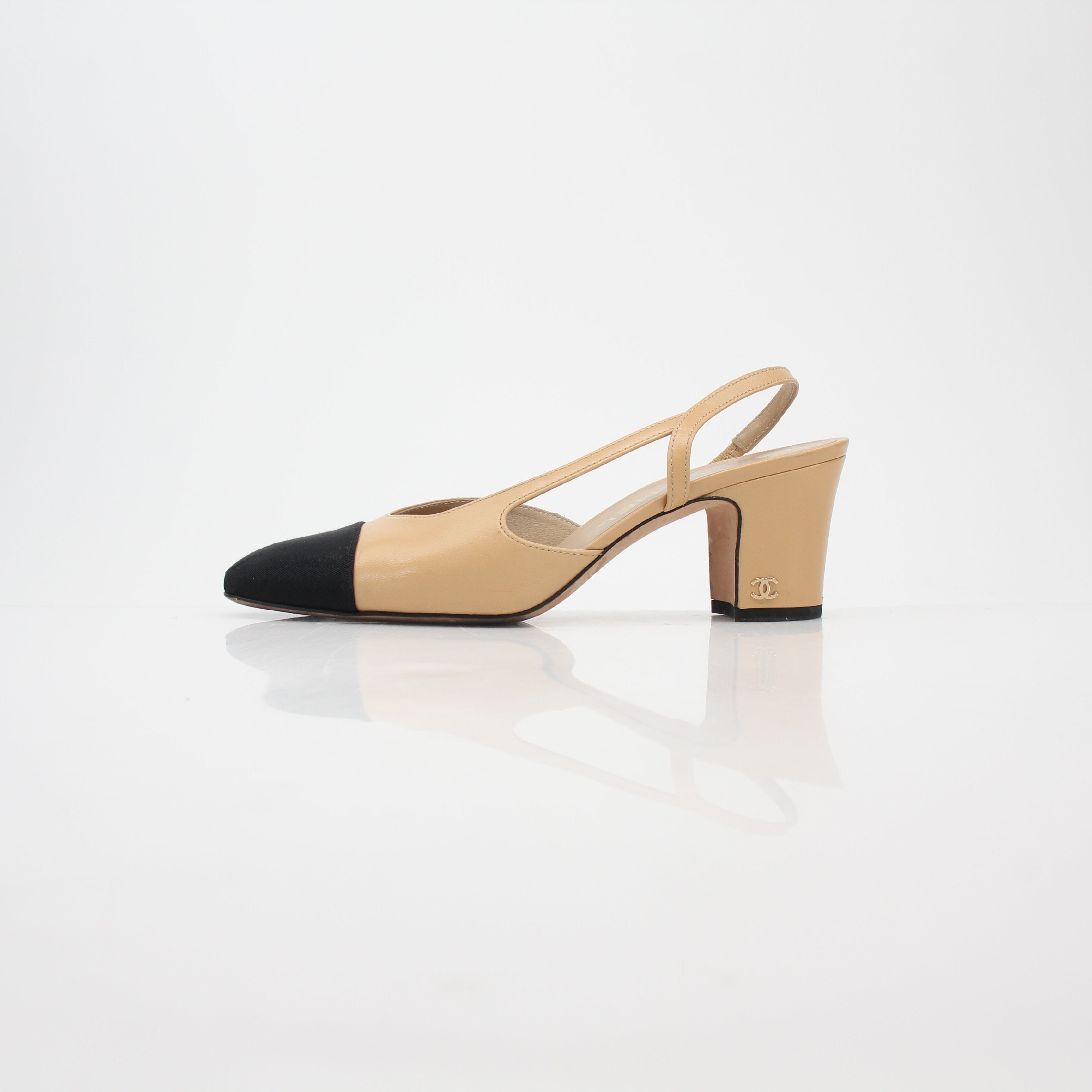 Chanel Beige and Black Cap-Toe Slingback Pumps
