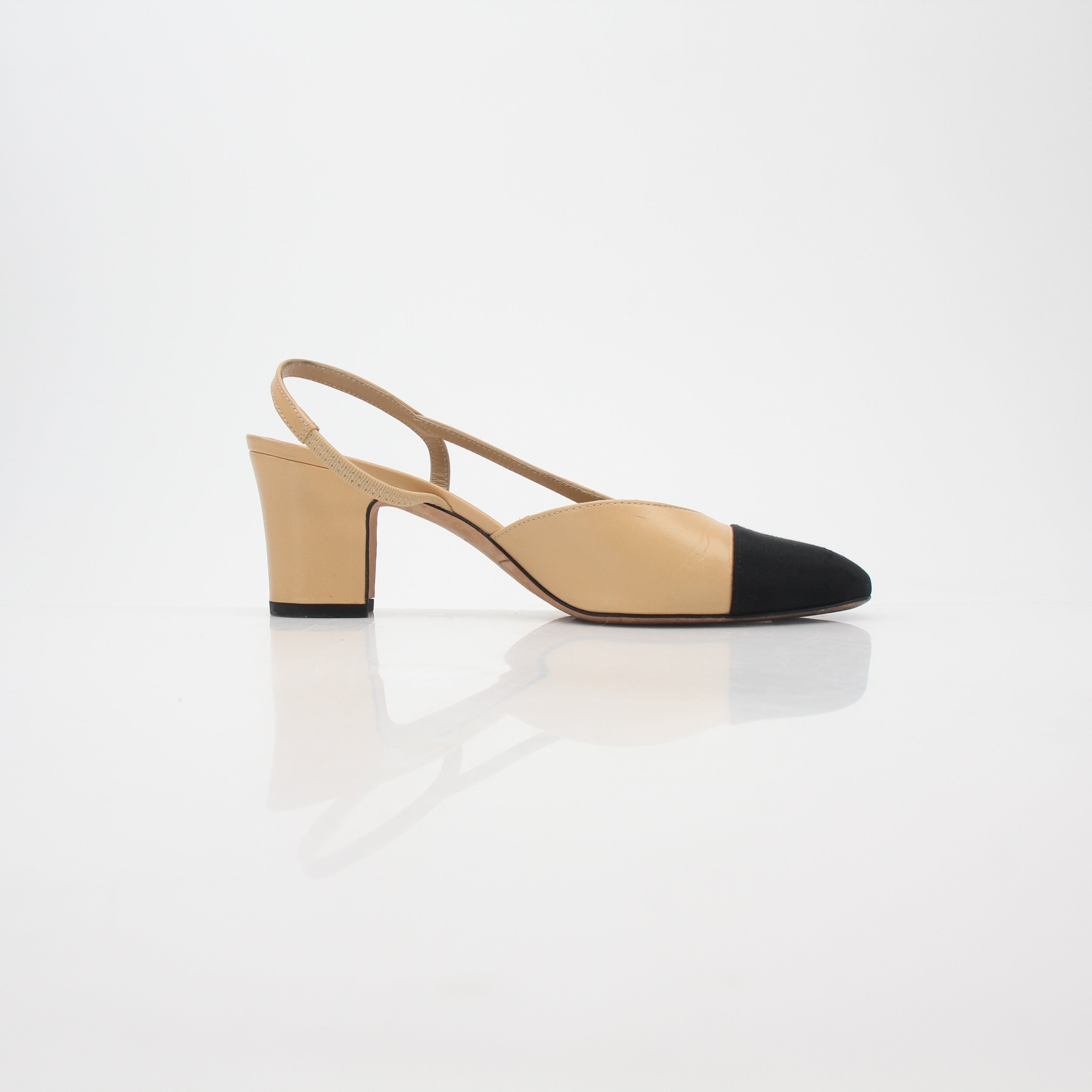 Chanel Beige and Black Cap-Toe Slingback Pumps