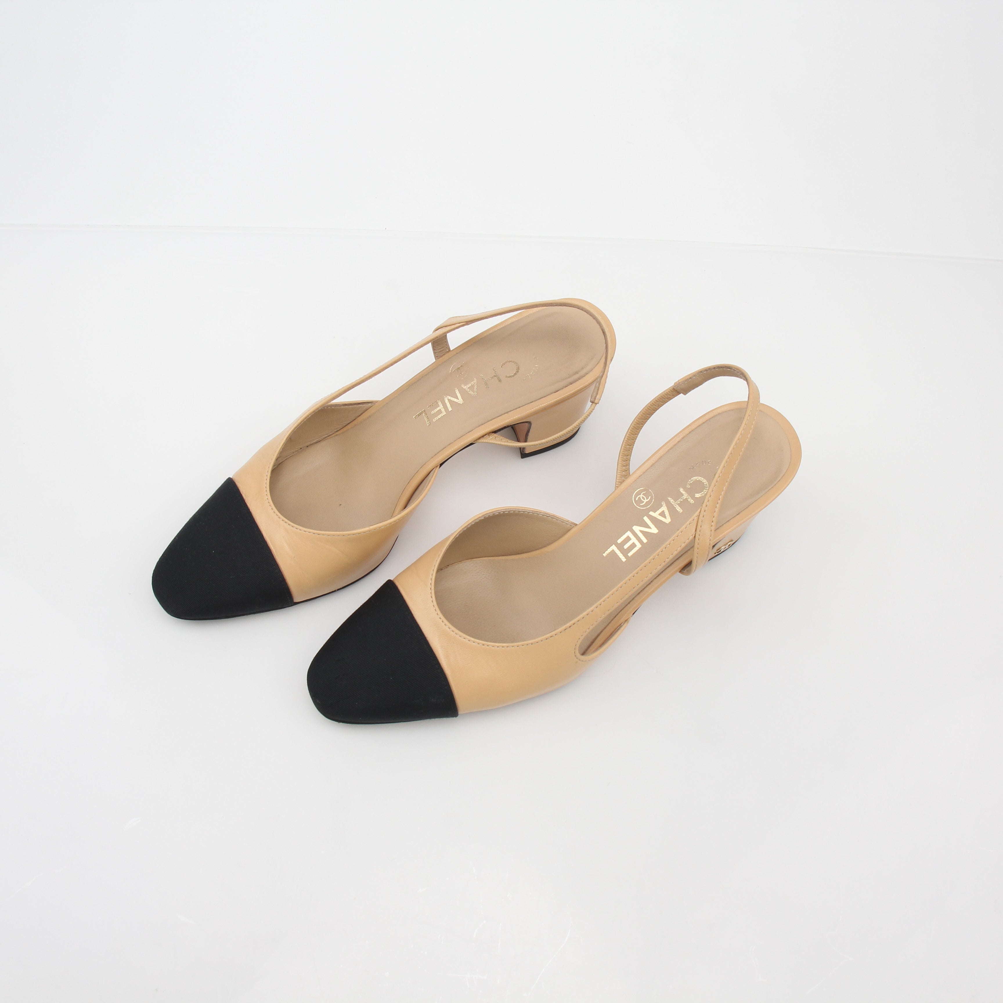 Chanel Beige and Black Cap-Toe Slingback Pumps