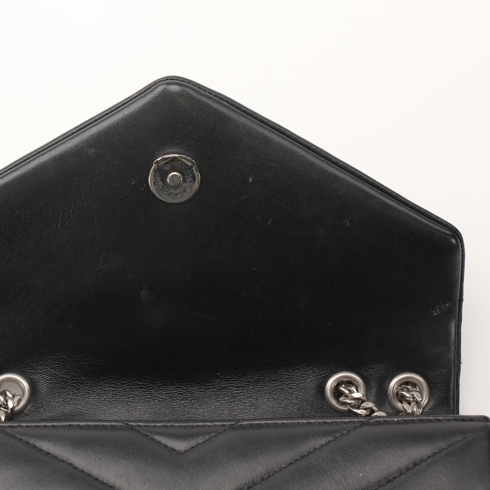 Saint Laurent LouLou medium black leather chain handbag with gold hardware and top handle, stylish and elegant for everyday use
