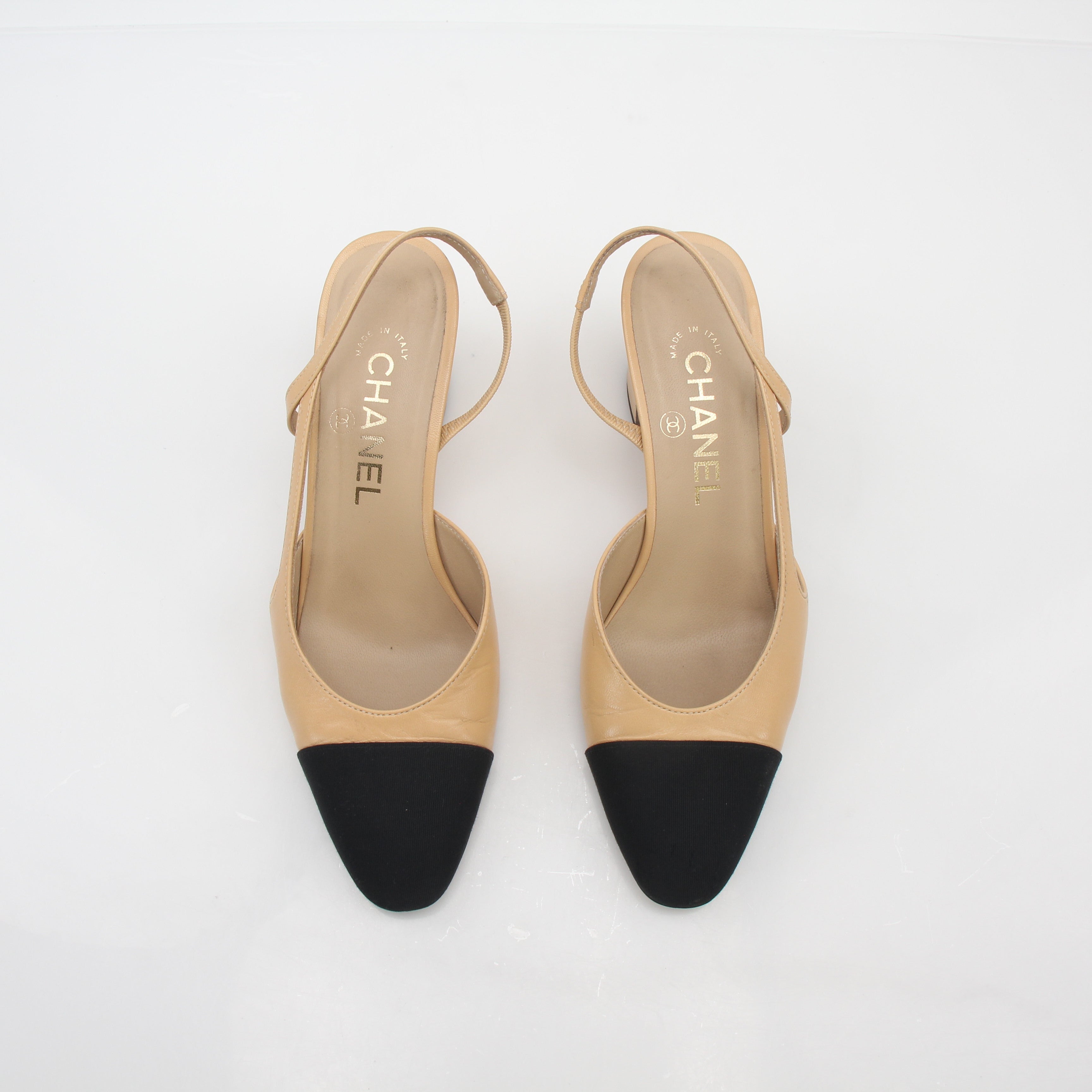 Chanel Beige and Black Cap-Toe Slingback Pumps