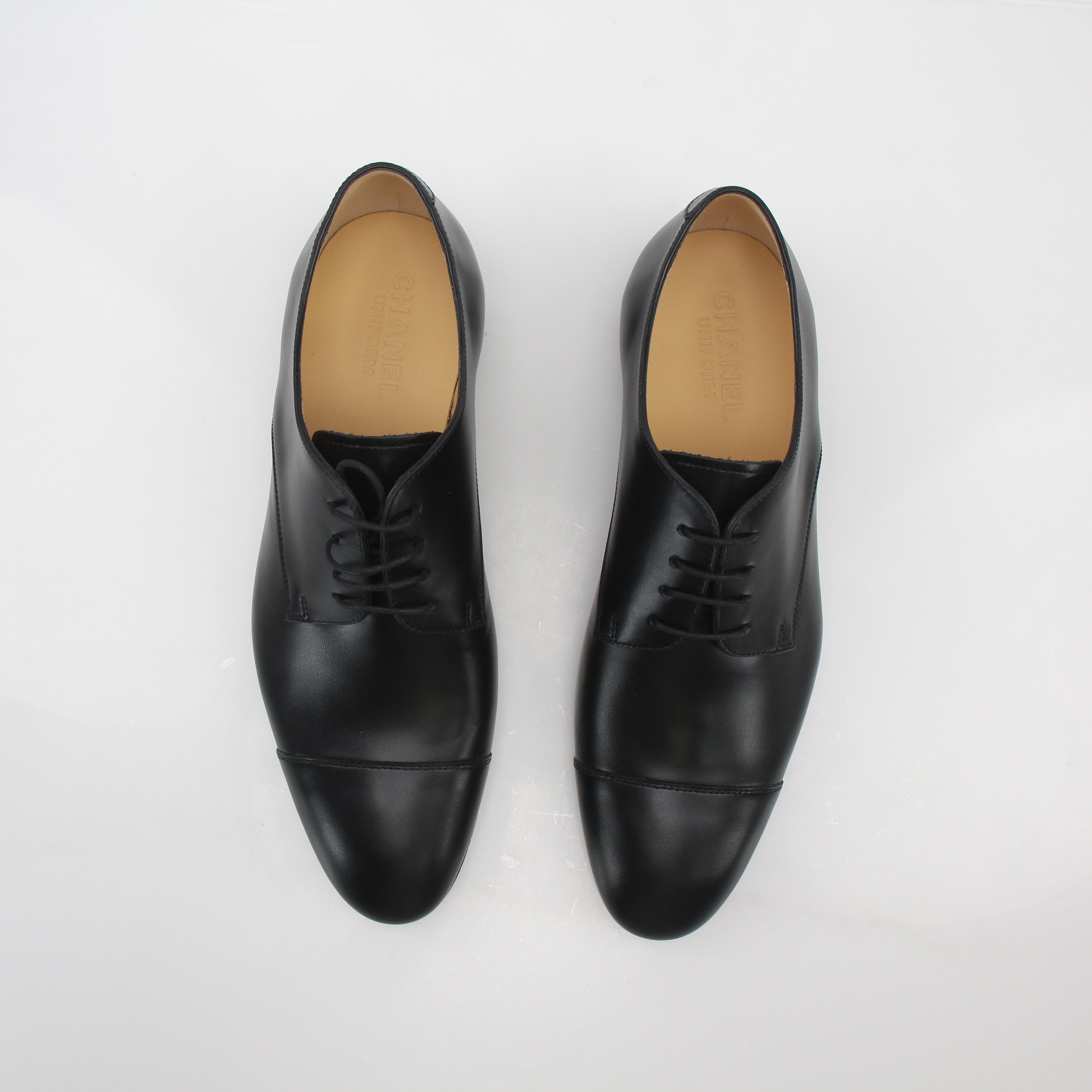 Chanel Uniform Black Leather Cap-Toe Derby Shoes