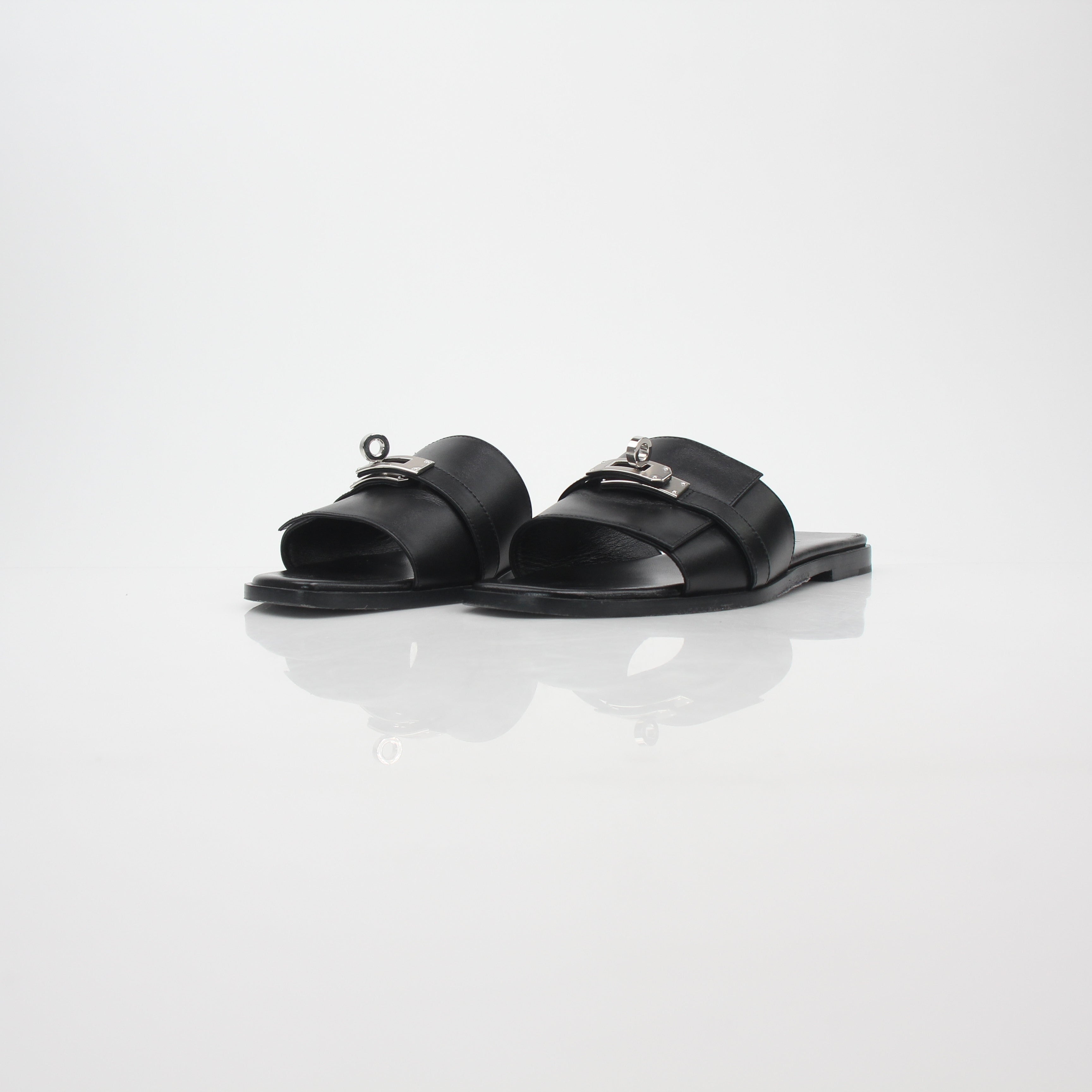 Hermès Black Gabriel Leather Slide Sandals