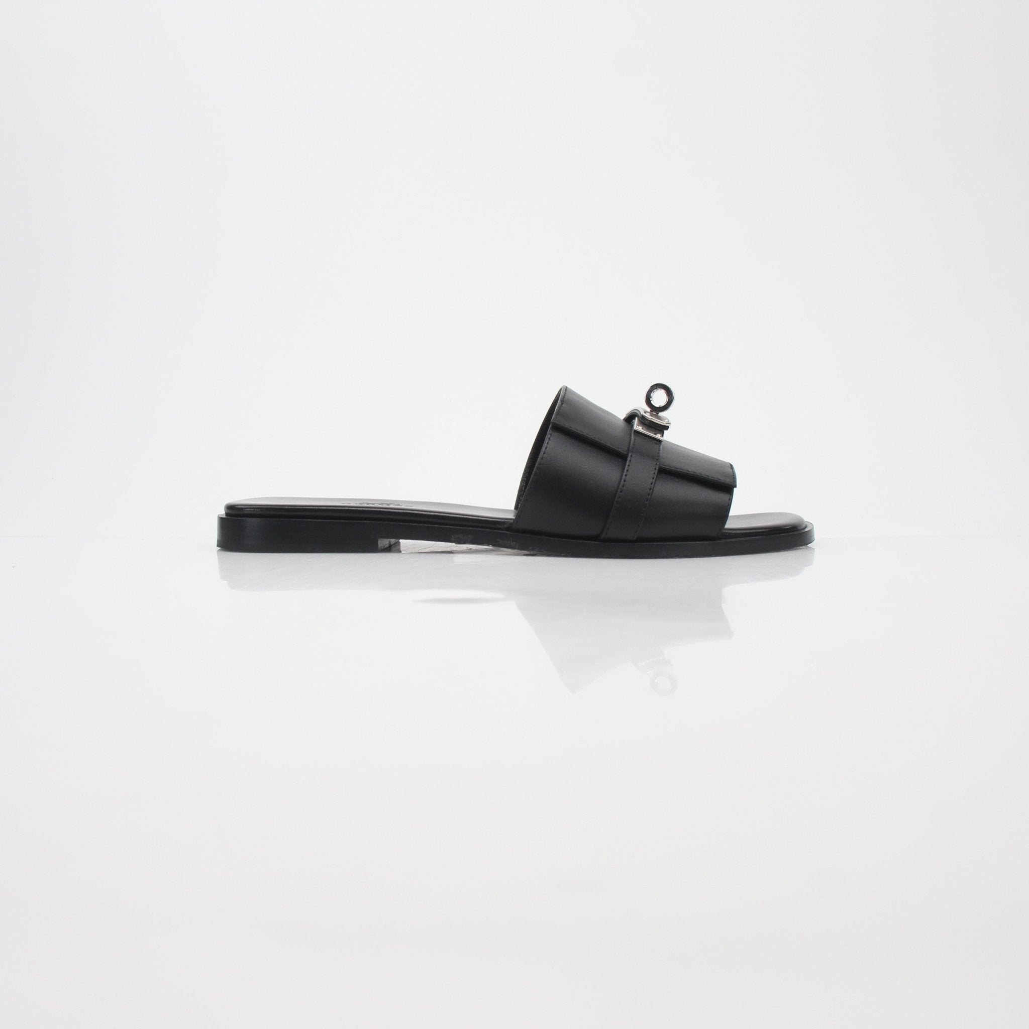 Hermès Black Gabriel leather slide sandals for women, featuring sleek design and comfortable slip-on style.