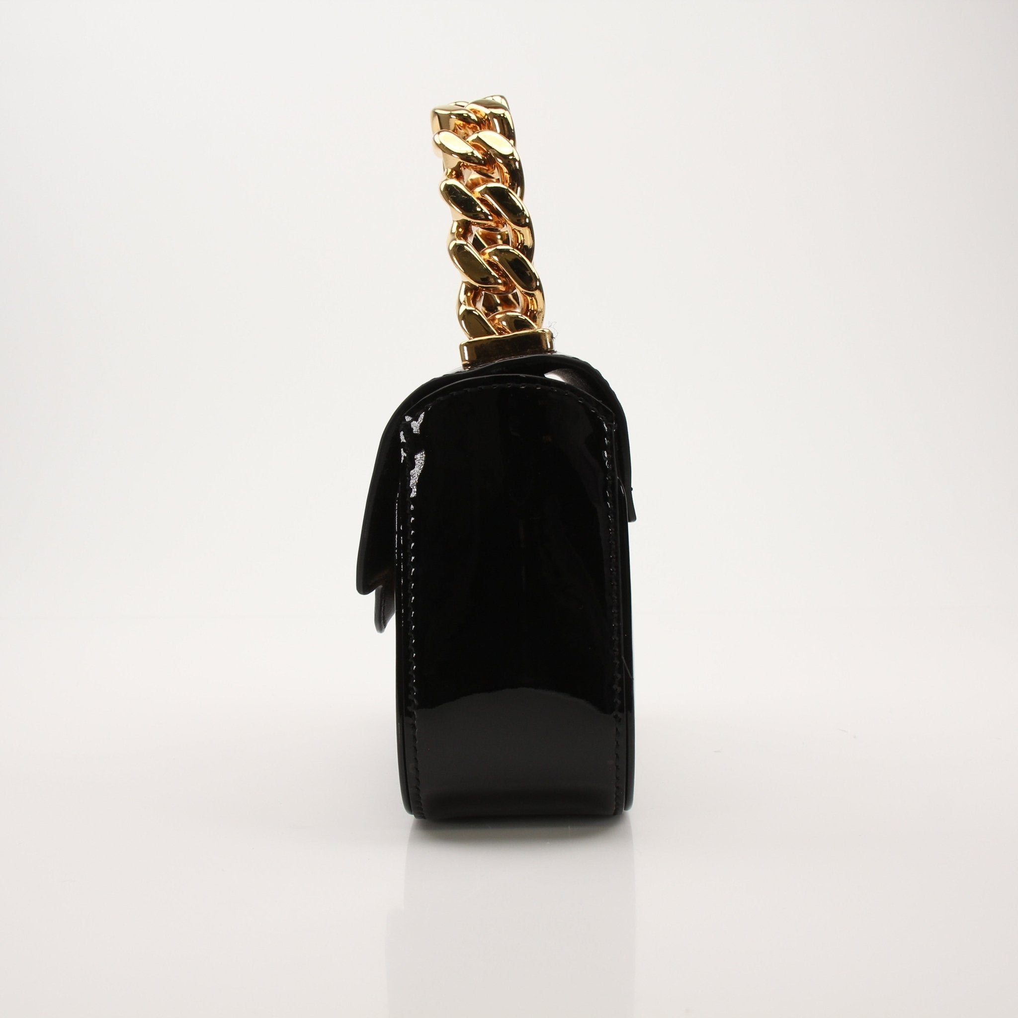 Gold & Beyond Versace La Medusa Mini Handbag with gold chain strap and iconic Medusa logo detail on black leather.