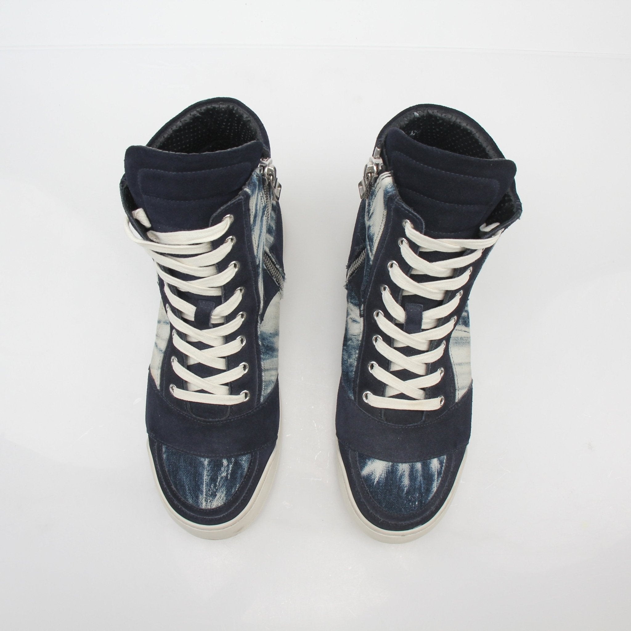Gold & Beyond blue tie-dye denim high-top sneakers with laces and white rubber soles, stylish shoes for casual wear.