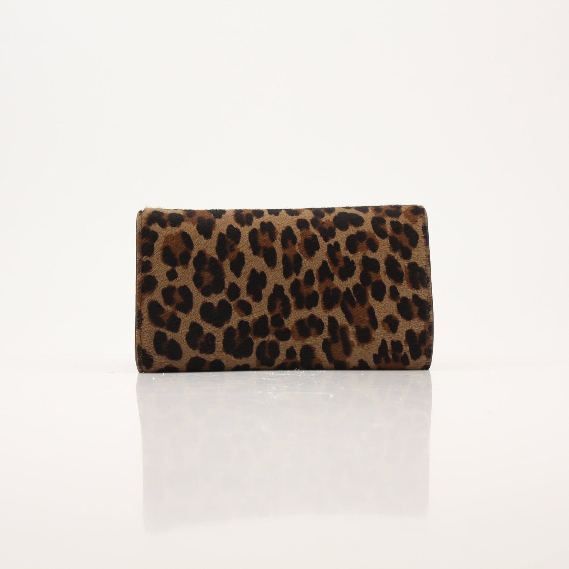 Gold & Beyond Versace Leopard Pony Hair Clutch handbag with animal print and sleek design, perfect for stylish occasions.