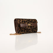 Gold & Beyond Versace Leopard Pony Hair Clutch handbag with sleek design and animal print detailing.
