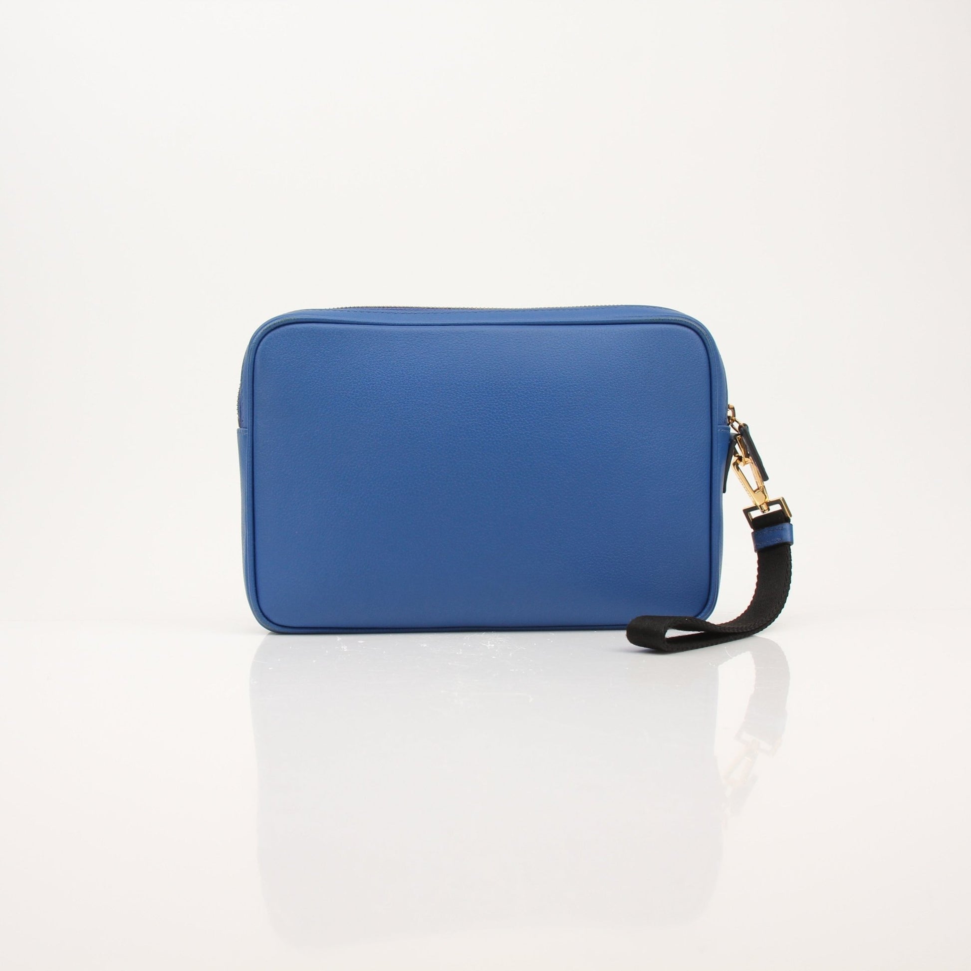 Large blue Versace men's wristlet handbag by Gold & Beyond, featuring a sleek design and wrist strap detail.