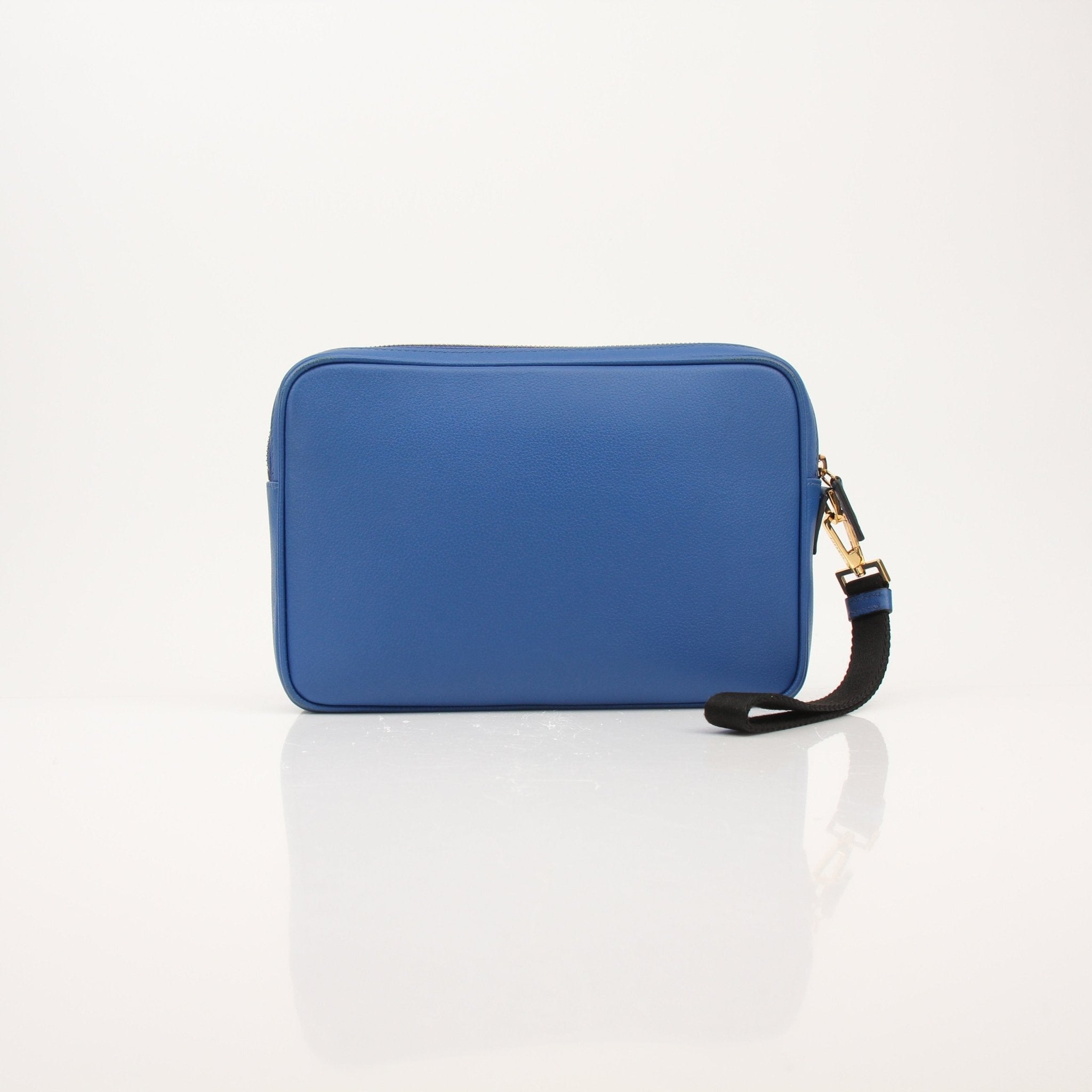 Large blue Versace men's wristlet handbag by Gold & Beyond, featuring a sleek design and wrist strap detail.