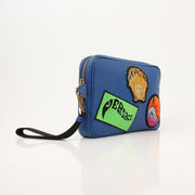 Large blue Versace men's wristlet handbag with gold accents, featuring a sleek design and compact size for stylish carrying.