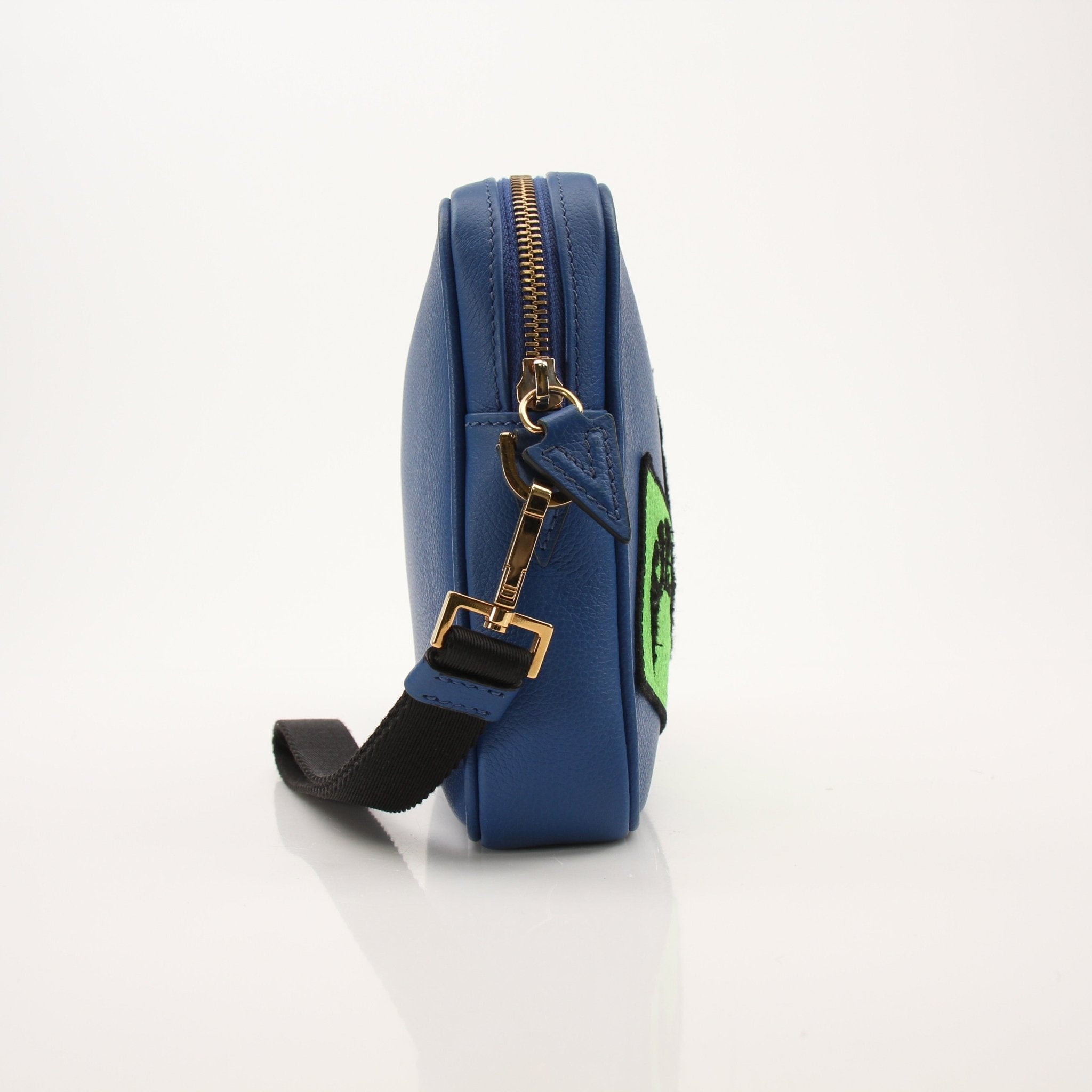 Large blue Versace men's wristlet handbag with gold accents and textured leather, designed for stylish everyday carrying.