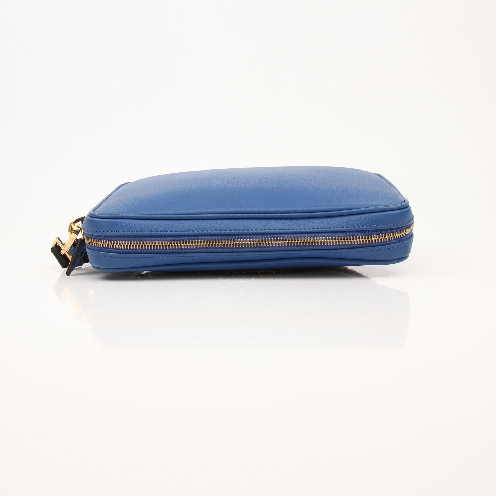 Large blue Versace men's wristlet handbag by Gold & Beyond, featuring stylish design and wrist strap detail.