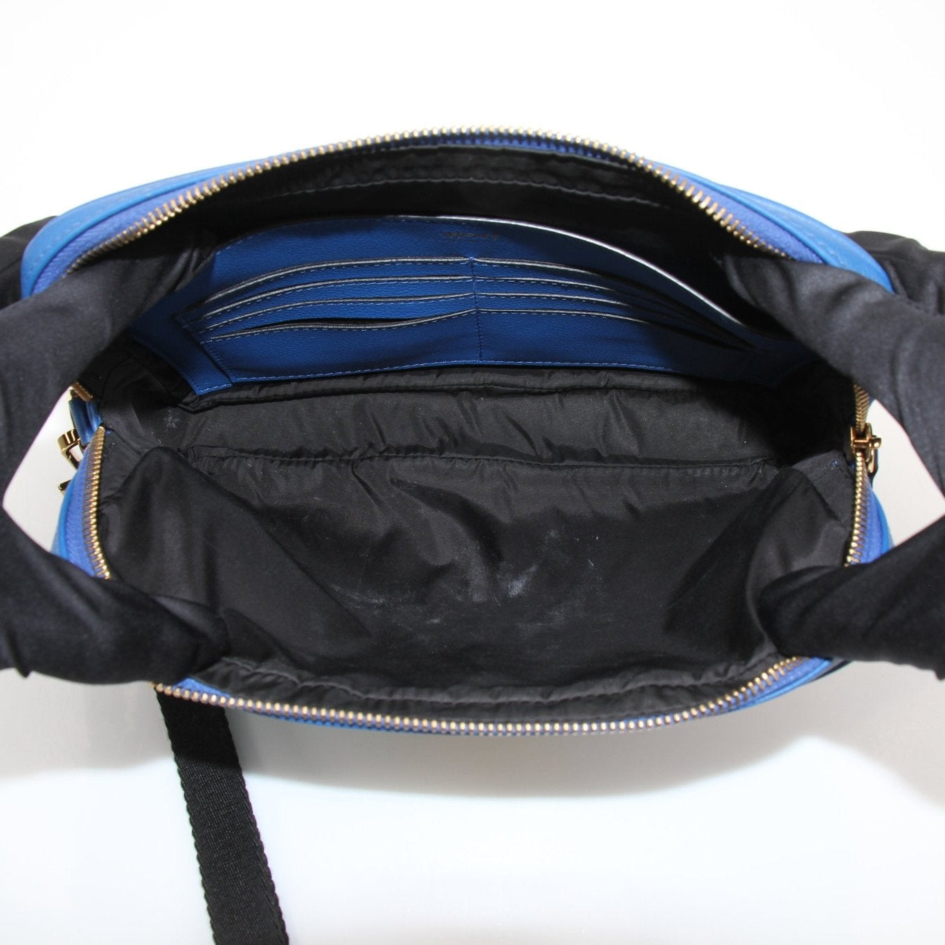 Blue Versace men's large wristlet handbag with gold accents, featuring a sleek design and compact size.