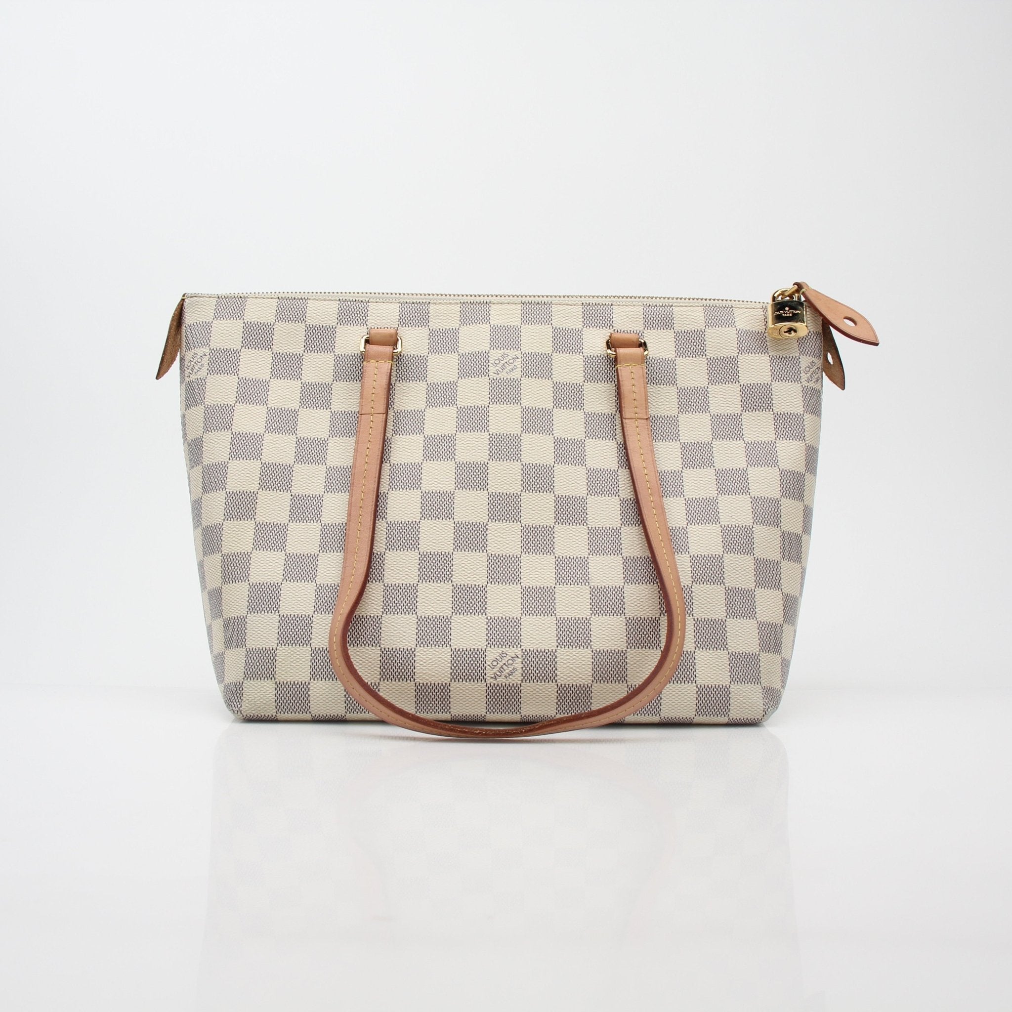 Louis Vuitton Damier Azur Lena MM tote bag, gold accents, structured handbag with Damier Azur canvas and leather handles.