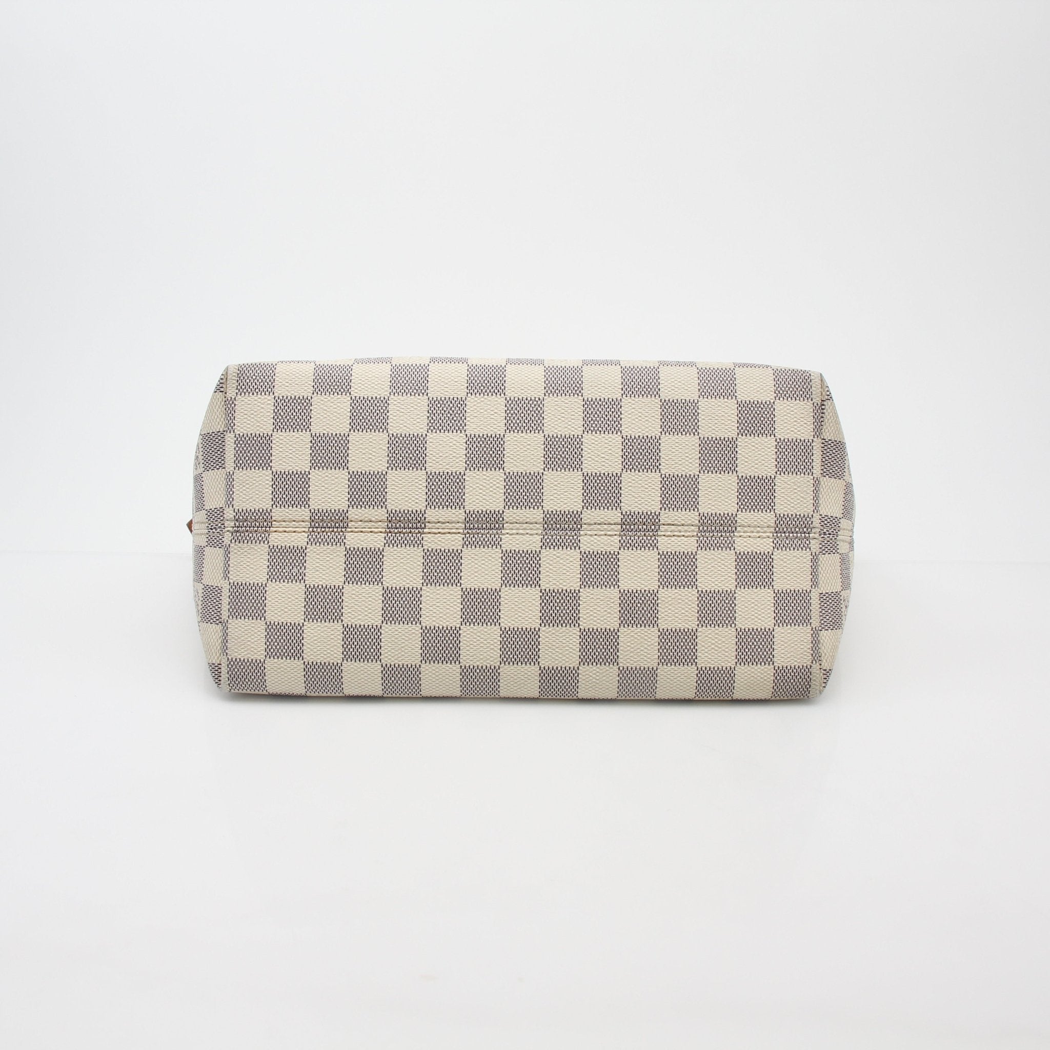 Louis Vuitton Damier Azur Lena MM tote handbag with leather handles and gold-tone hardware, displayed on a plain background.