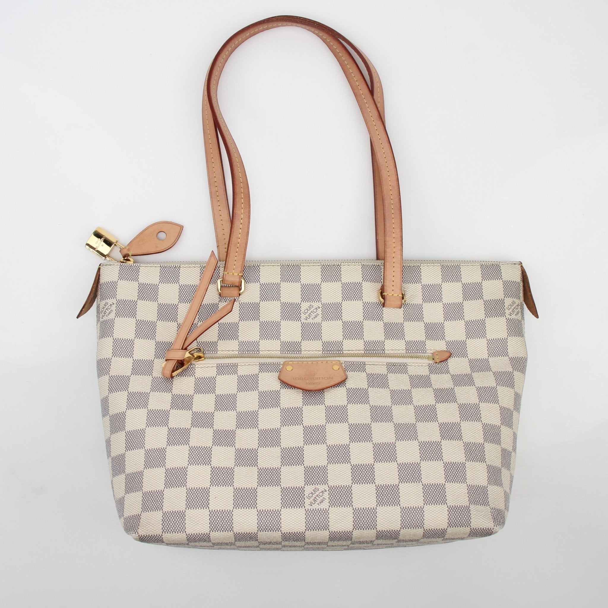 Louis Vuitton Damier Azur Lena MM tote bag in beige and brown checkerboard pattern, with double handles and gold accents.