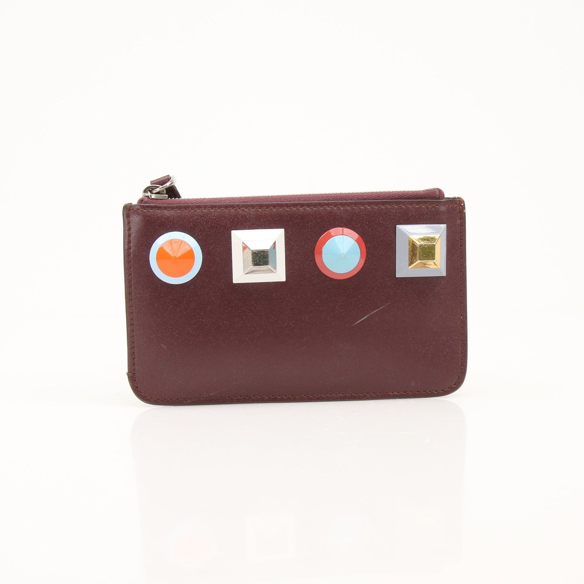 Purple Fendi keychain pouch wallet with gold accents, featuring a compact design and luxurious leather finish.
