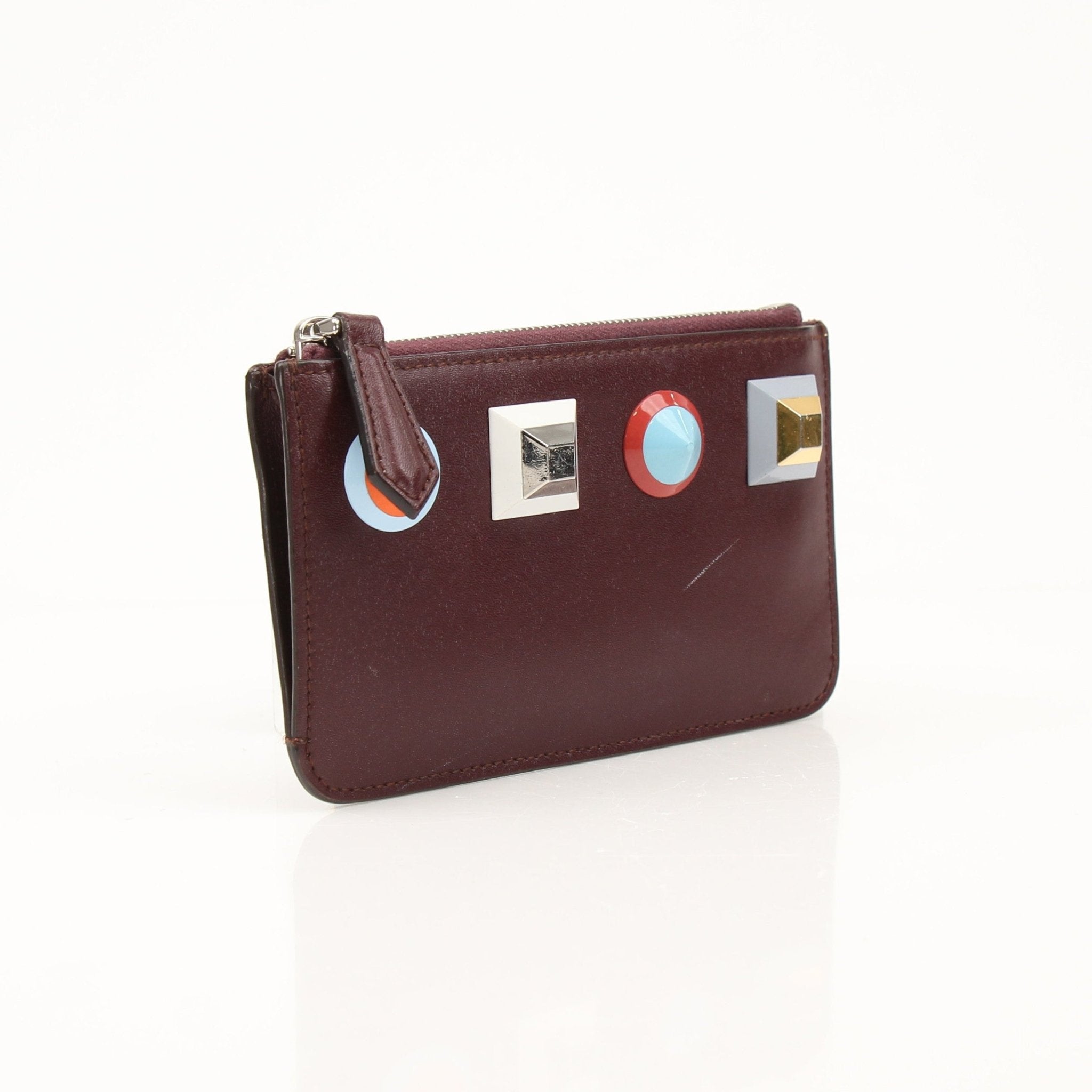 Purple Fendi keychain pouch wallet with gold accents, featuring a compact design and keyring attachment.