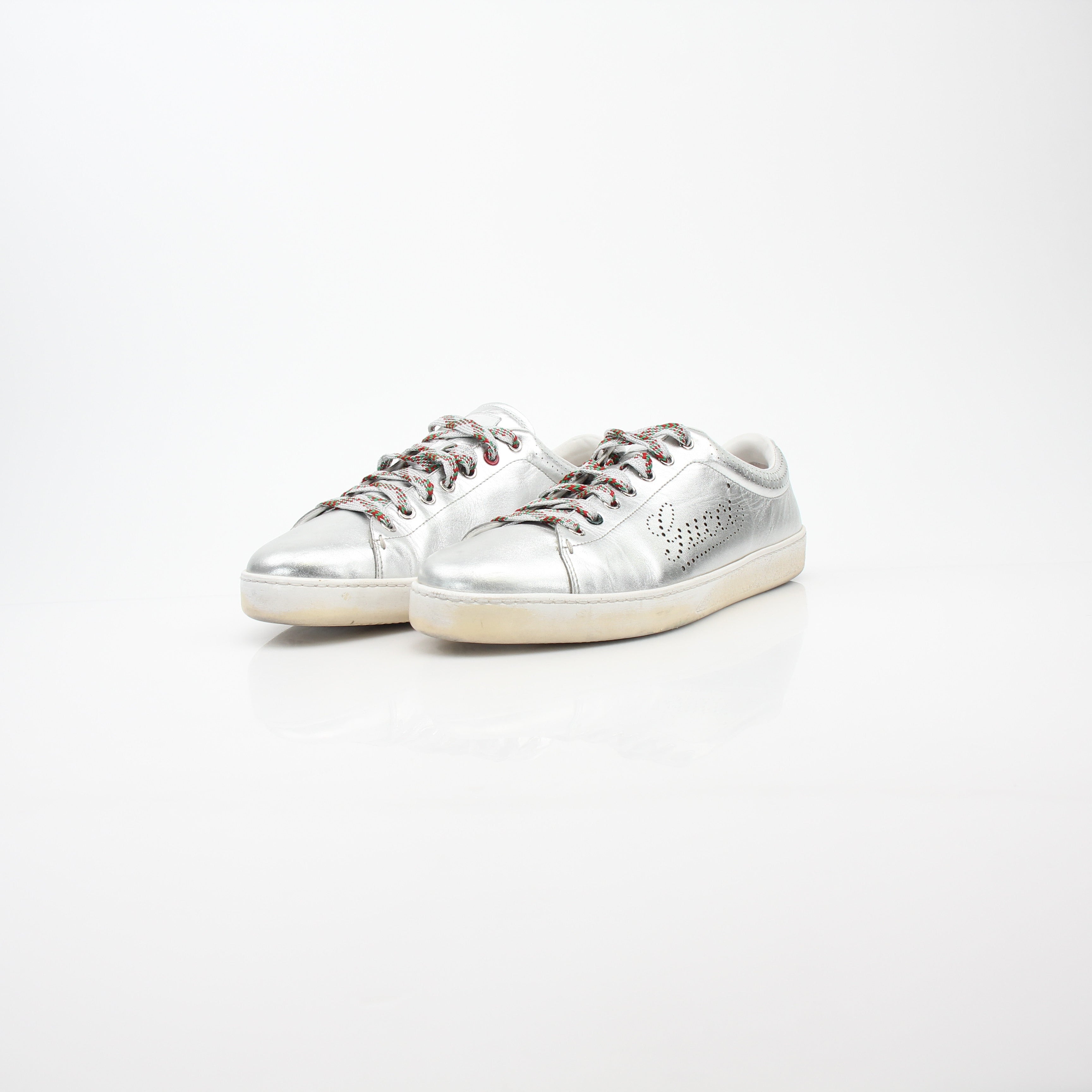 Gucci Silver Metallic Ace Perforated Logo Sneakers