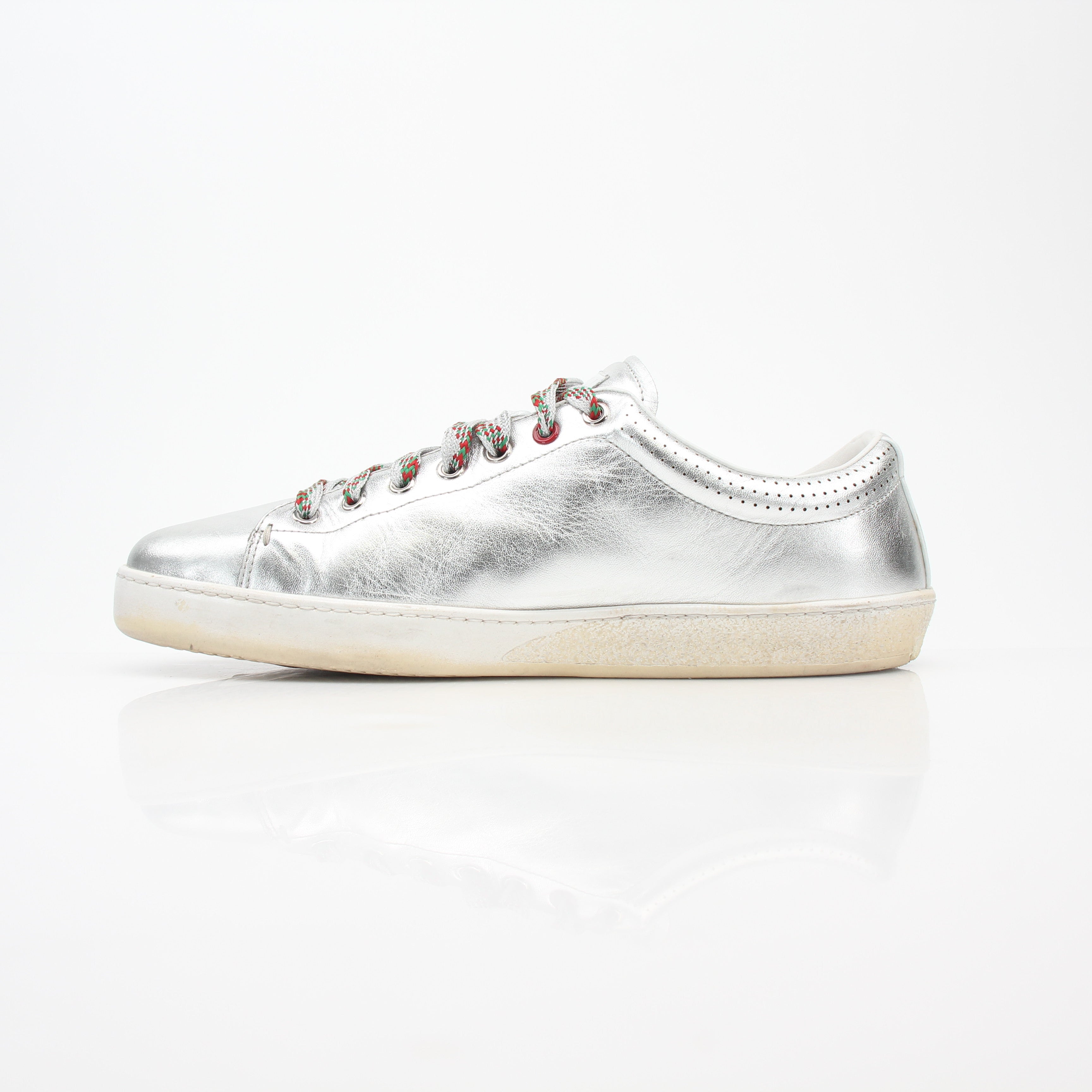 Gucci Silver Metallic Ace Perforated Logo Sneakers