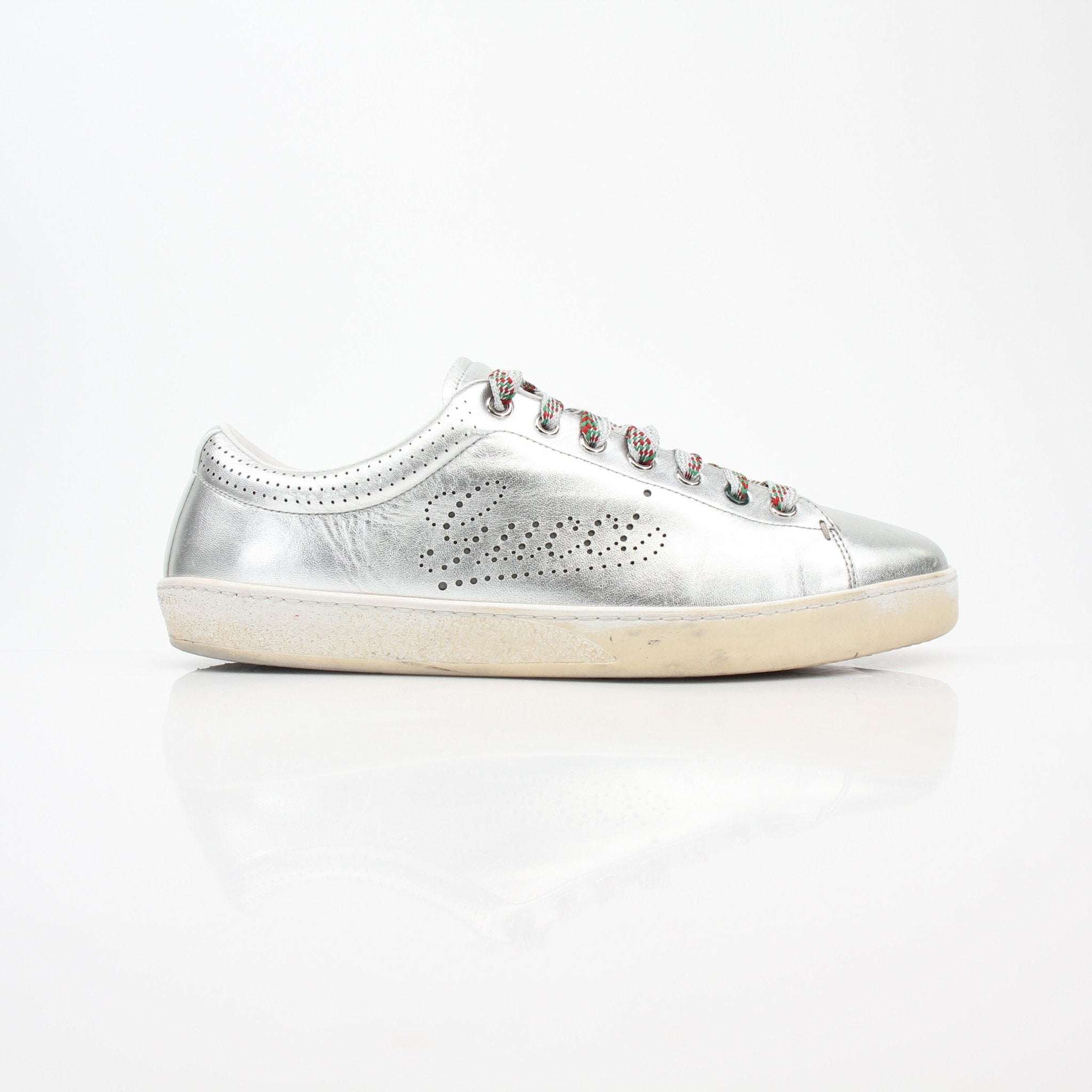 Gucci Silver Metallic Ace Perforated Logo Sneakers, stylish shoes with perforated details and iconic branding.