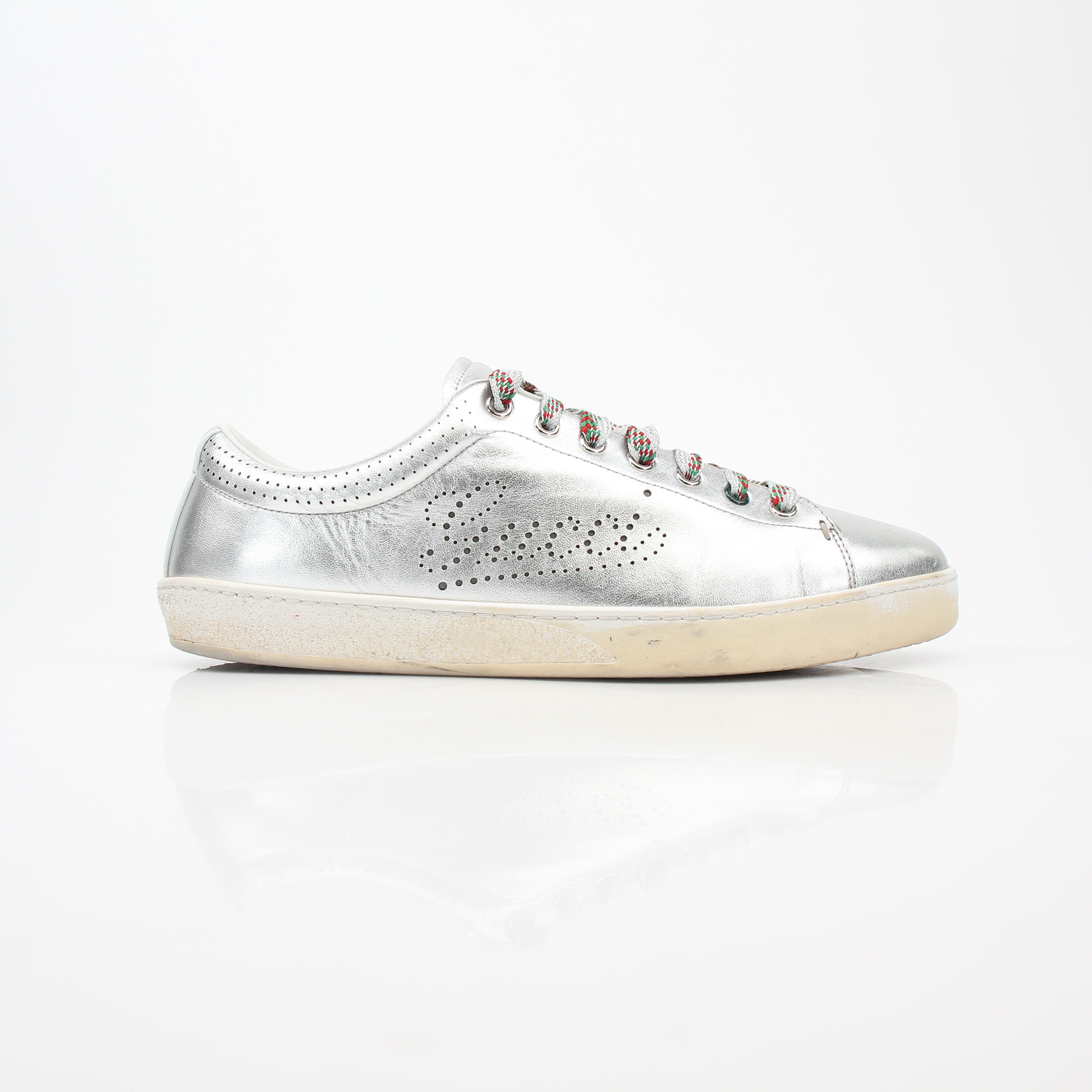 Gucci Silver Metallic Ace Perforated Logo Sneakers