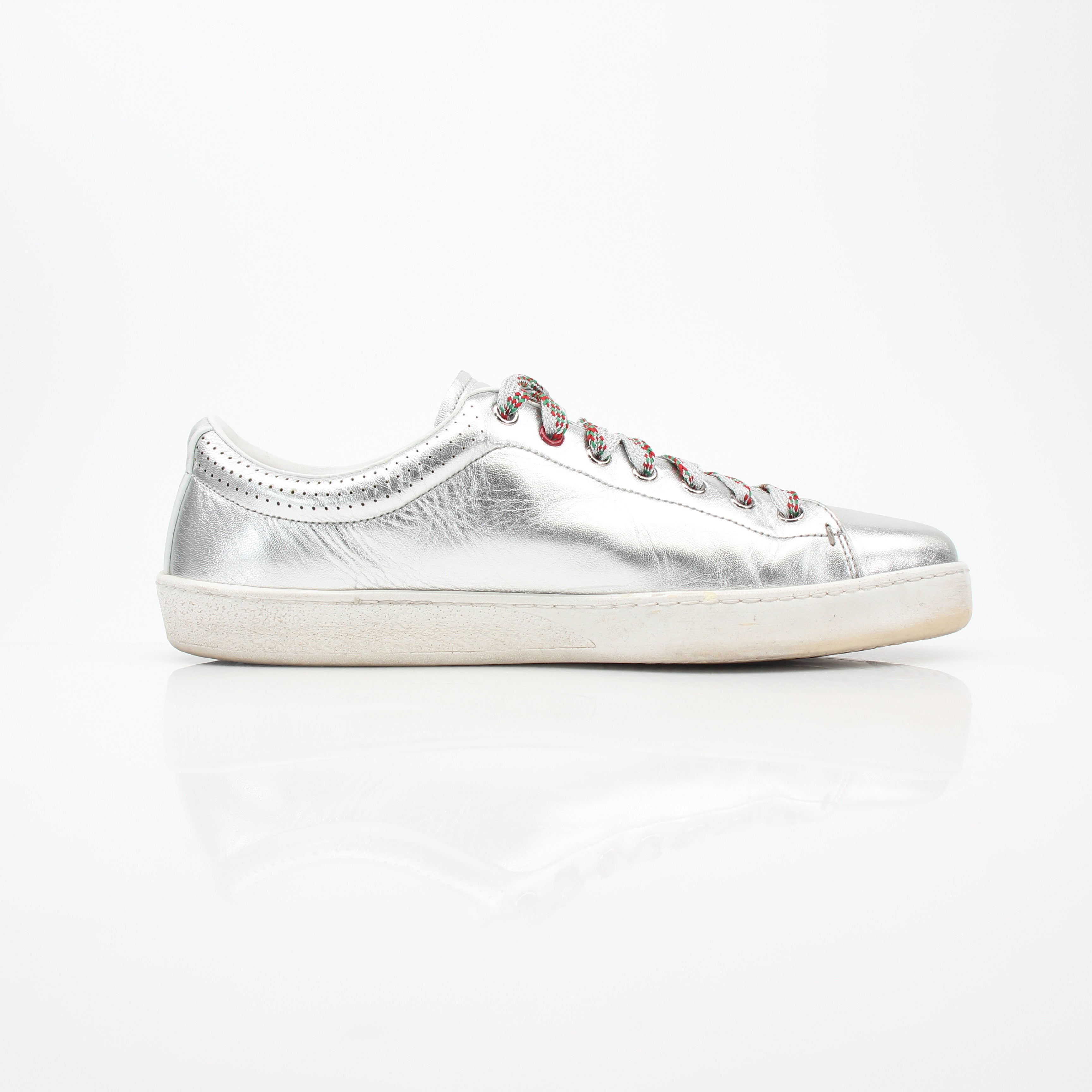 Gucci Silver Metallic Ace Perforated Logo Sneakers