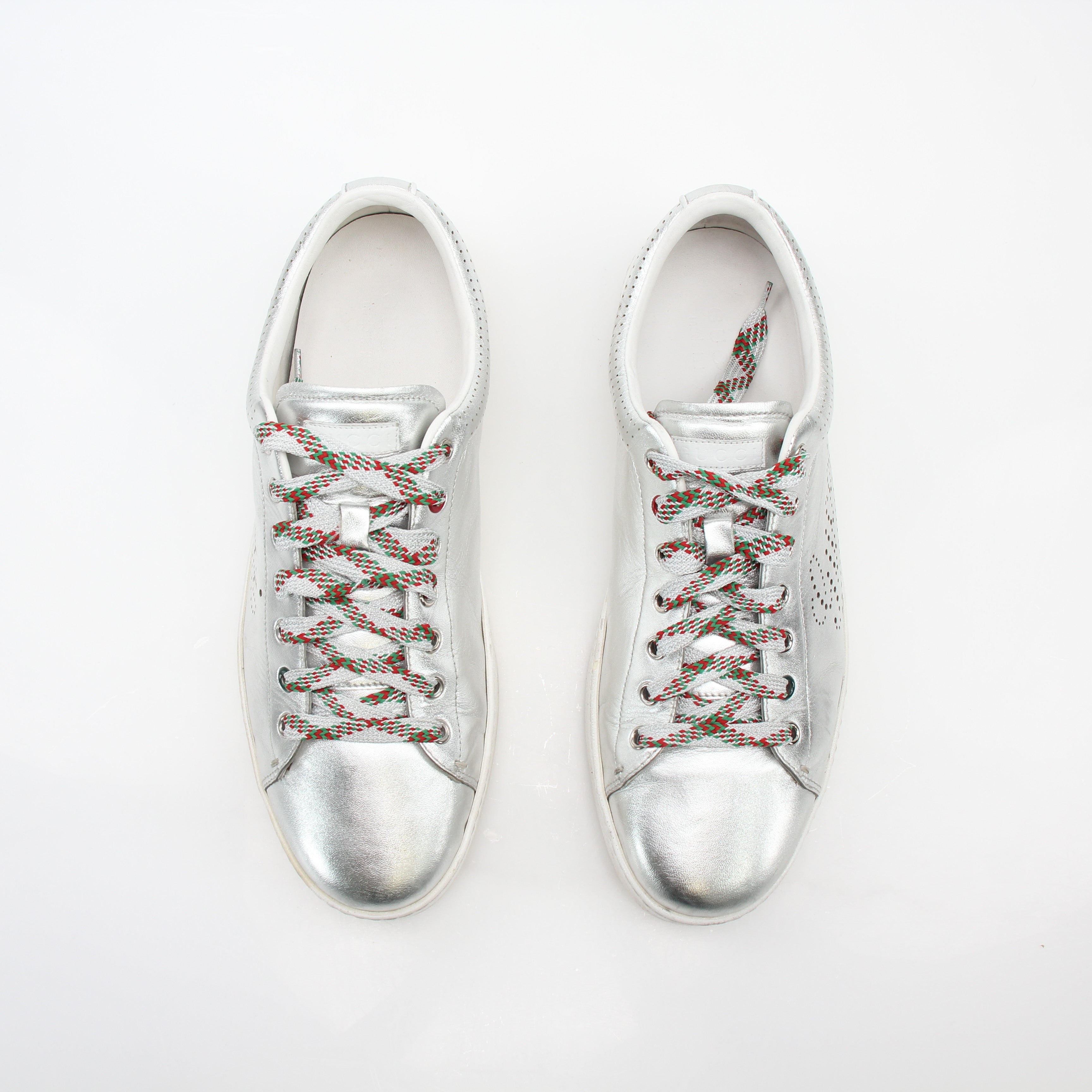 Gucci Silver Metallic Ace Perforated Logo Sneakers