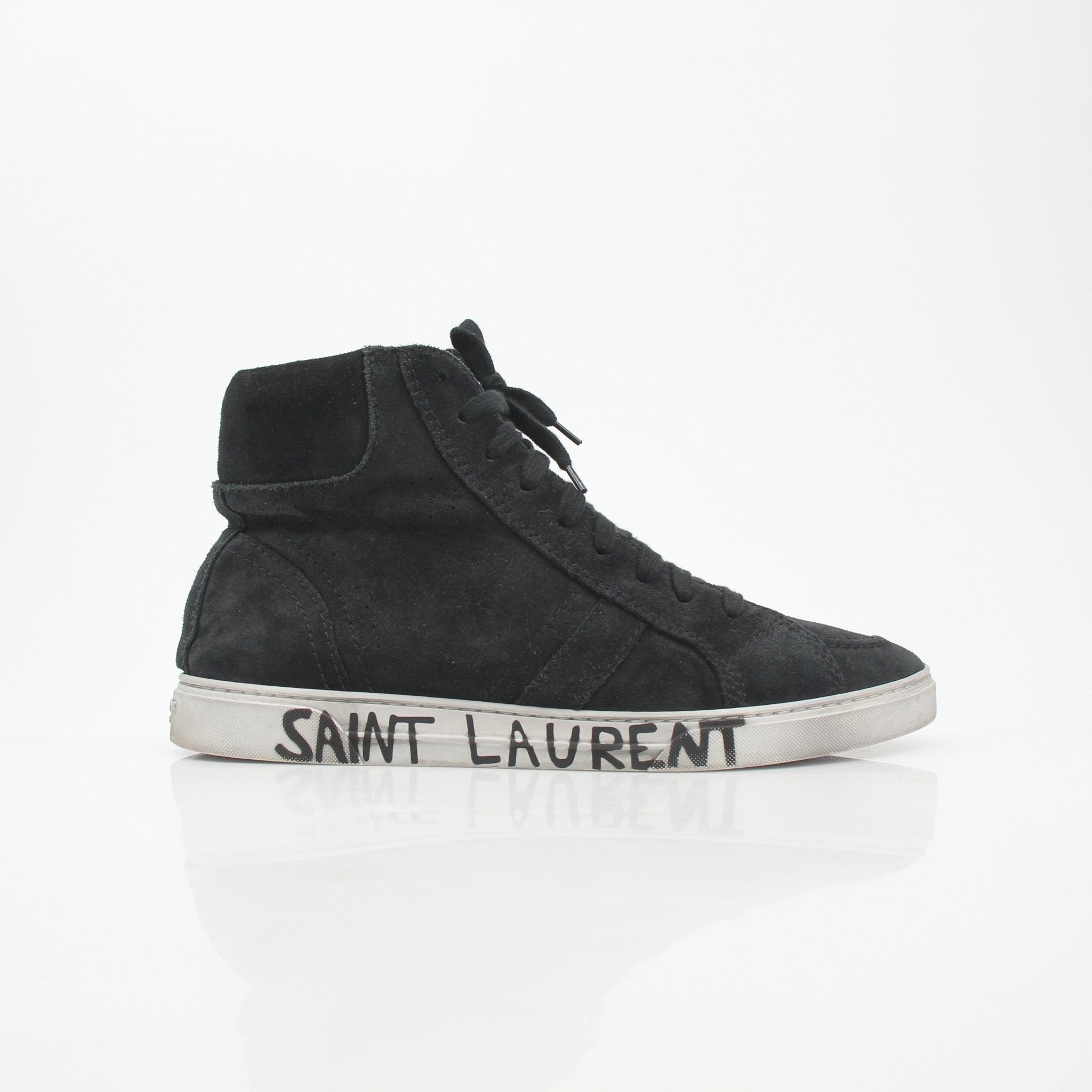 Gold & Beyond Saint Laurent Black Joe suede high-top sneakers with laces and rubber soles, stylish and modern footwear for men.